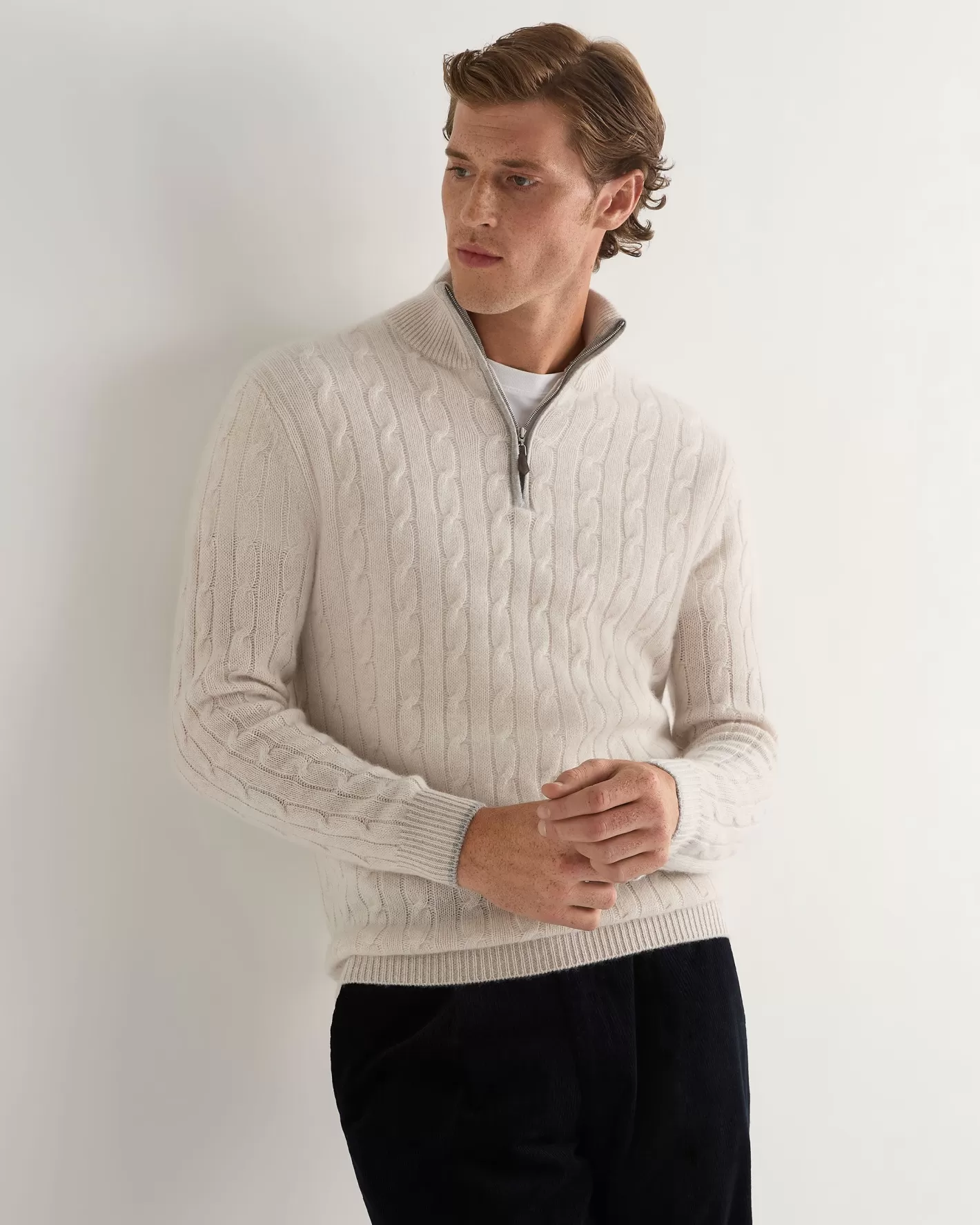 N.Peal Men's Albemarle Cable Half Zip Cashmere Sweater*Women White | White