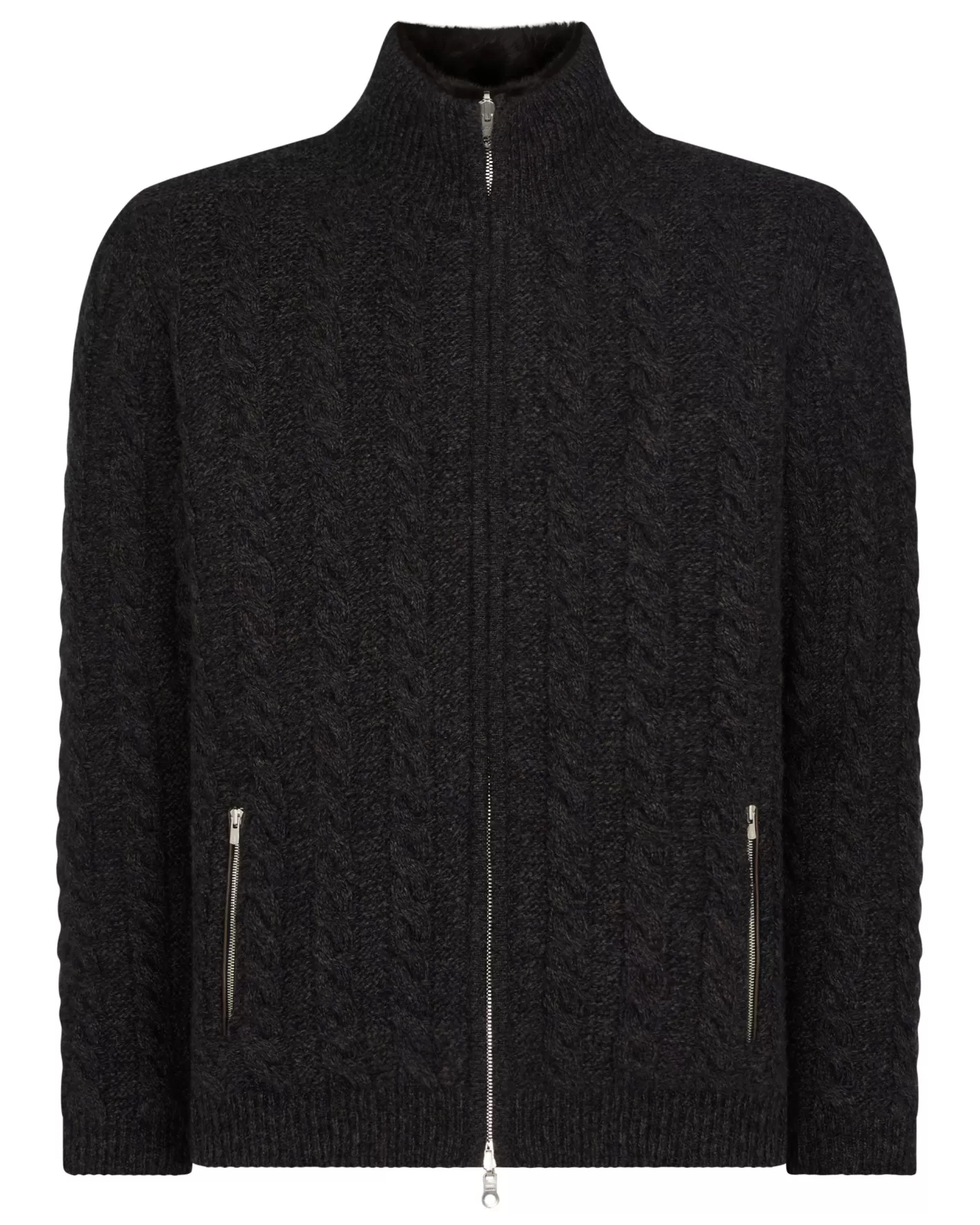 N.Peal Men's Aspen Cashmere Cable Fur Cardigan* Dark Grey | Fur Trim Knitwear