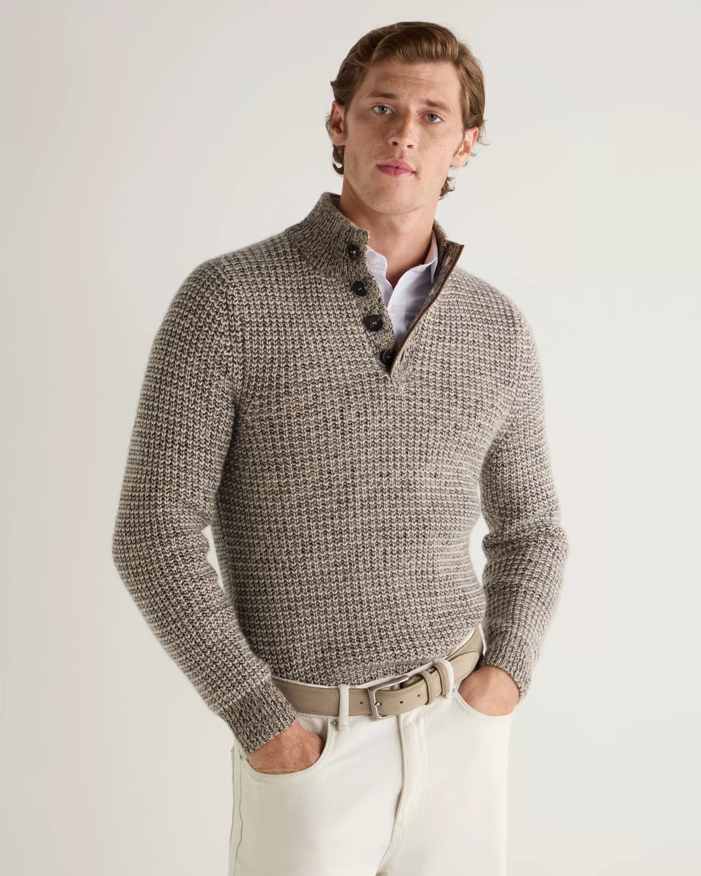 N.Peal Men's Beauchamp Marl Half Button Cashmere Sweater*Women Natural | Natural