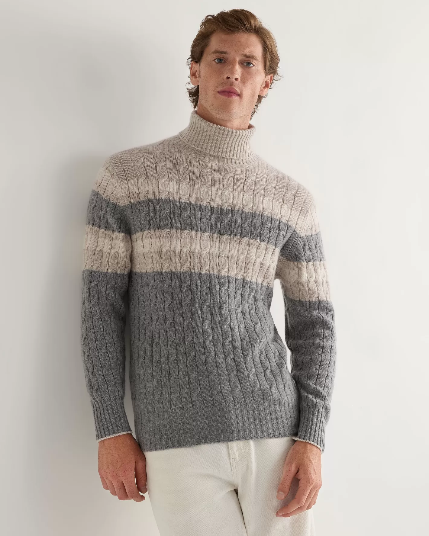 N.Peal Men's Berwick Stripe Turtle Neck Cashmere Sweater*Women White | White