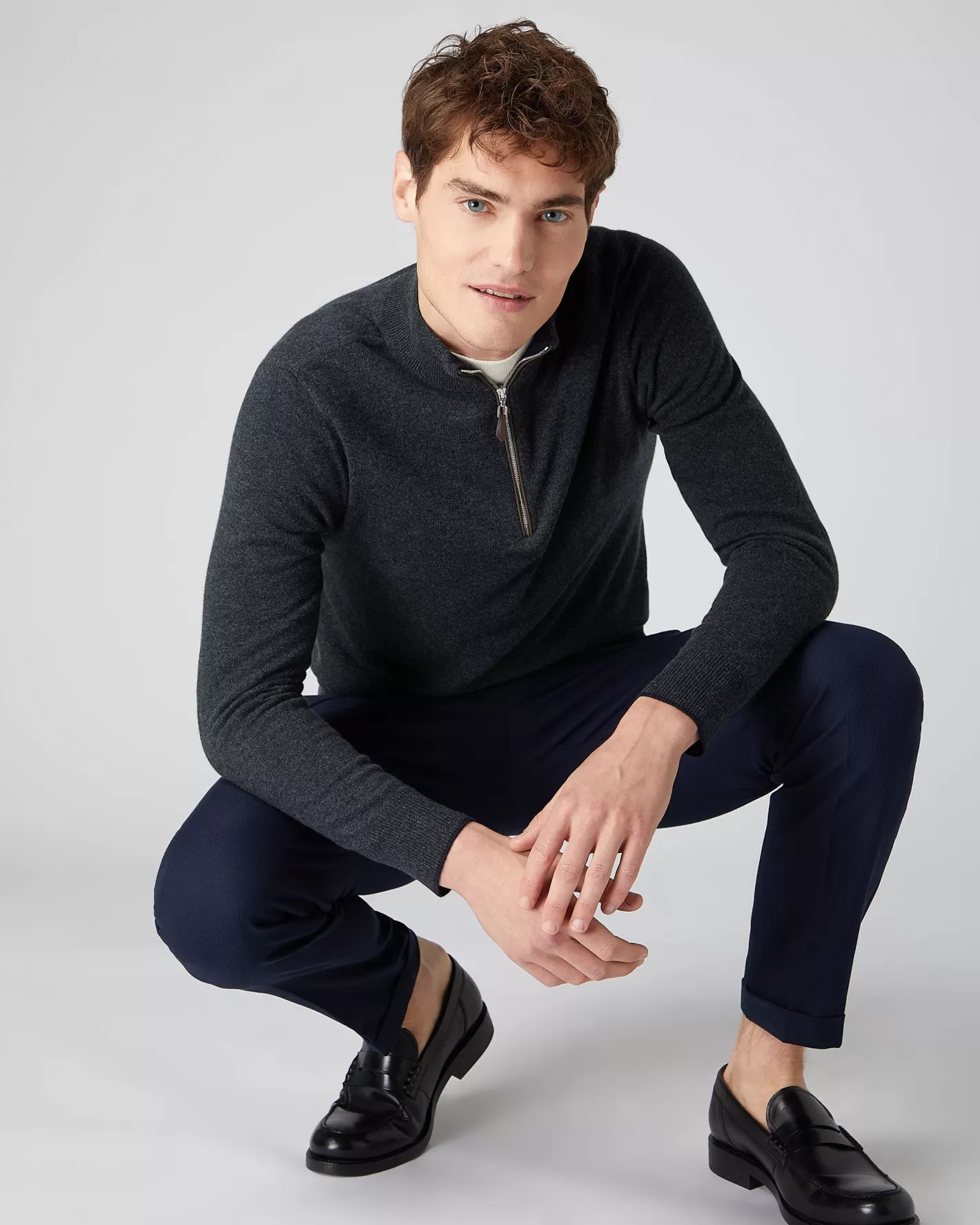 N.Peal Men's Carnaby Half Zip Cashmere Sweater* Dark Grey | Half & Full Zip Knitwear