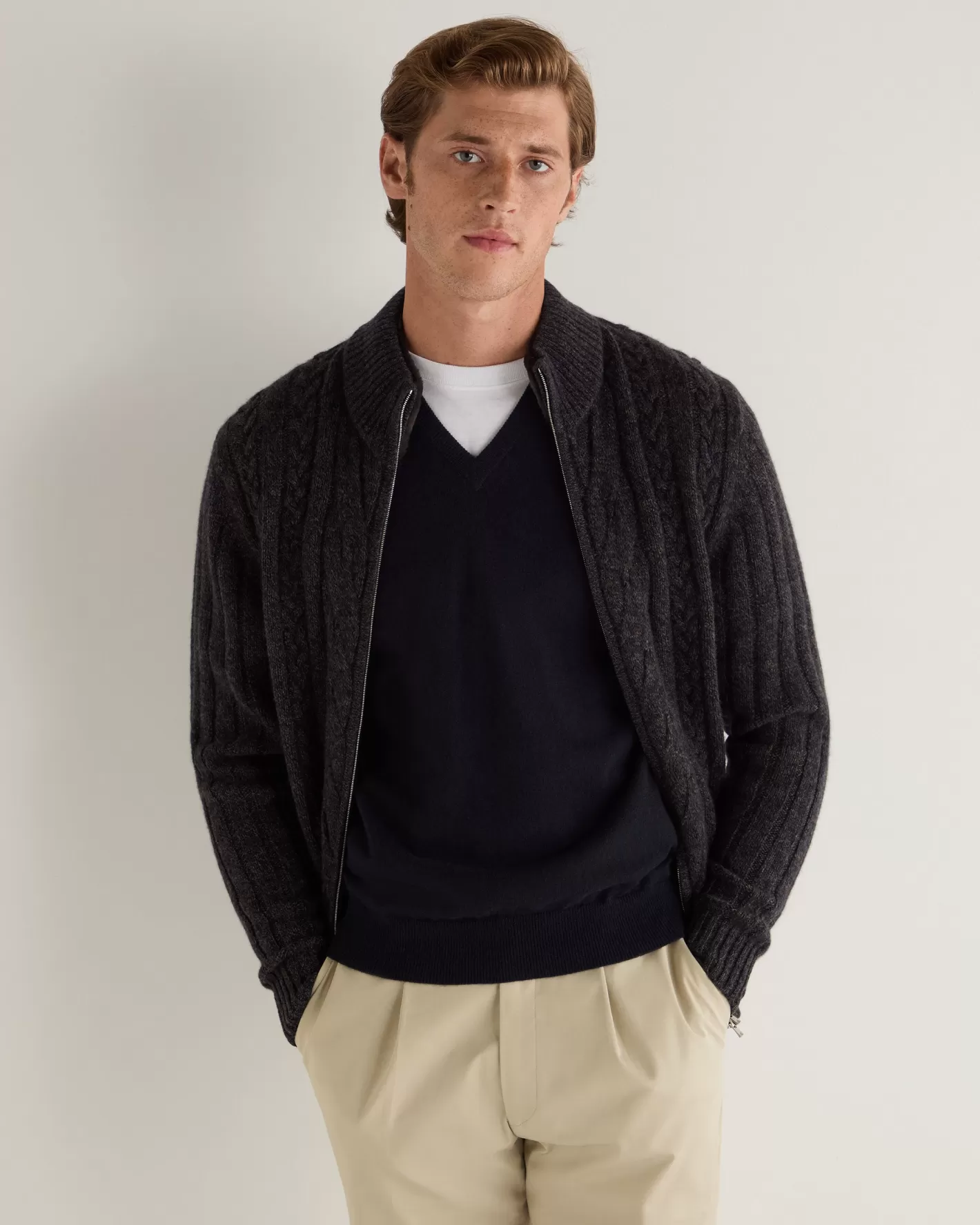 N.Peal Men's Colorado Cable Fur Trim Cashmere Jacket* Dark Grey | Fur Trim Knitwear
