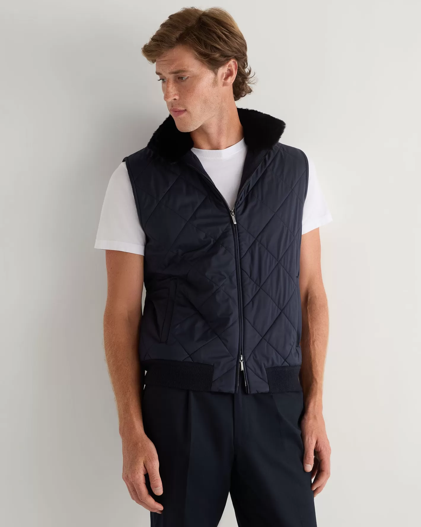 N.Peal Men's Diamond Fur Trim Cashmere Gilet*Women Navy | Navy