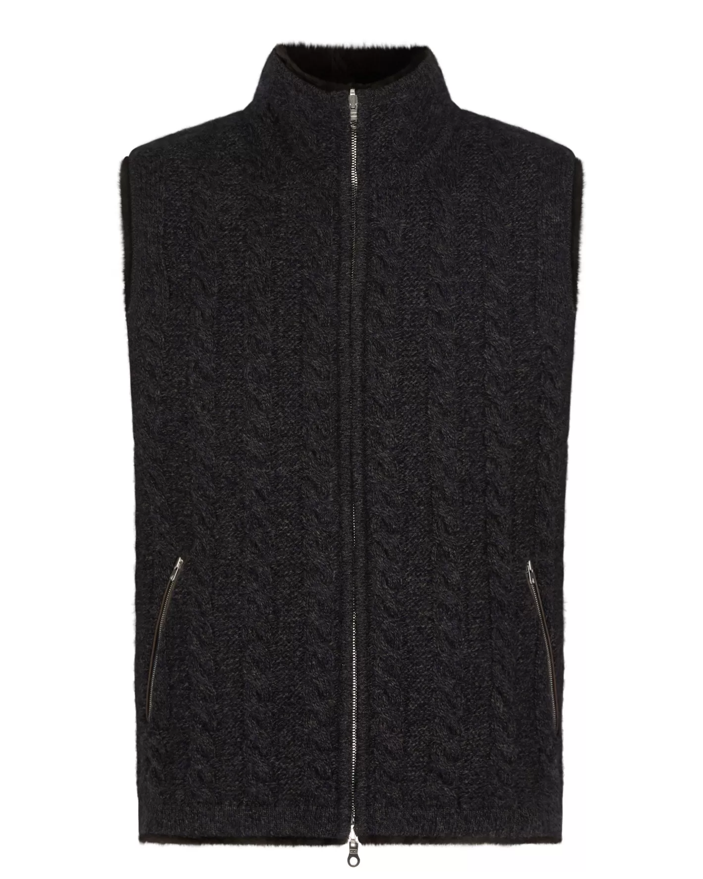 N.Peal Men's Dolomiti Cable Fur Gilet* Dark Grey | Fur Trim Knitwear