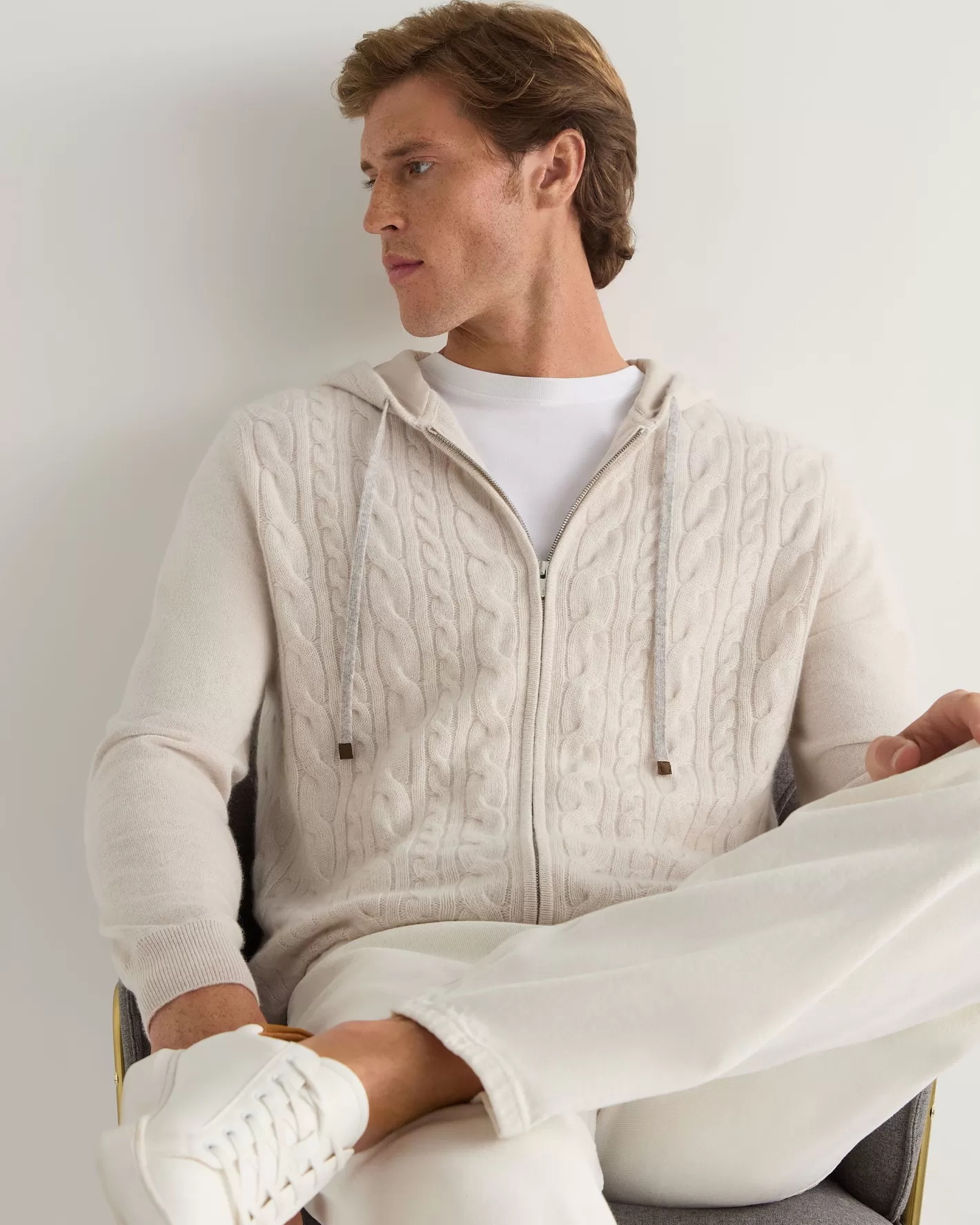 N.Peal Men's Fulham Cable Zip Cashmere Hoodie*Women White | White