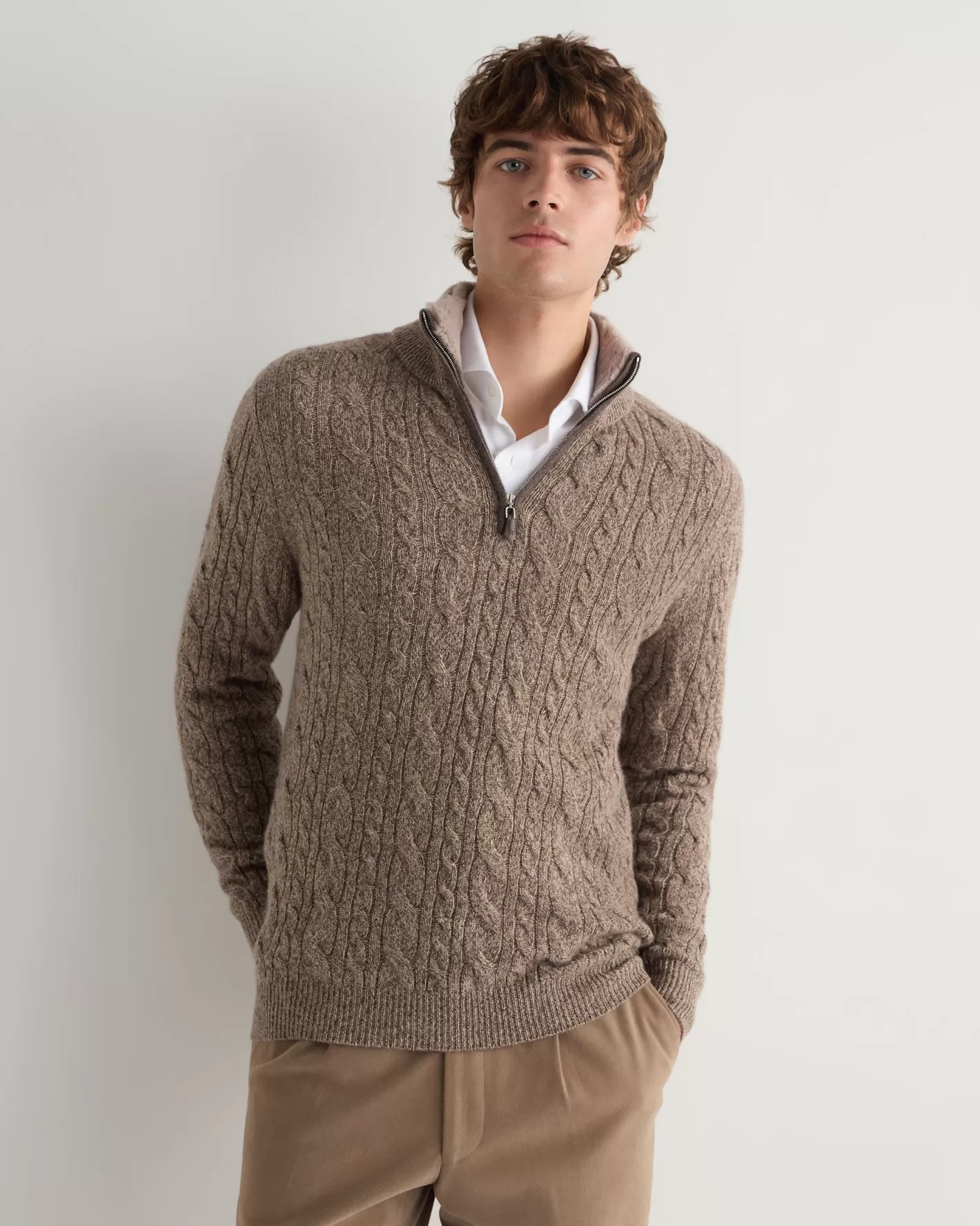 N.Peal Men's Fur Trim Half Zip Cashmere Sweater*Women Natural | Natural