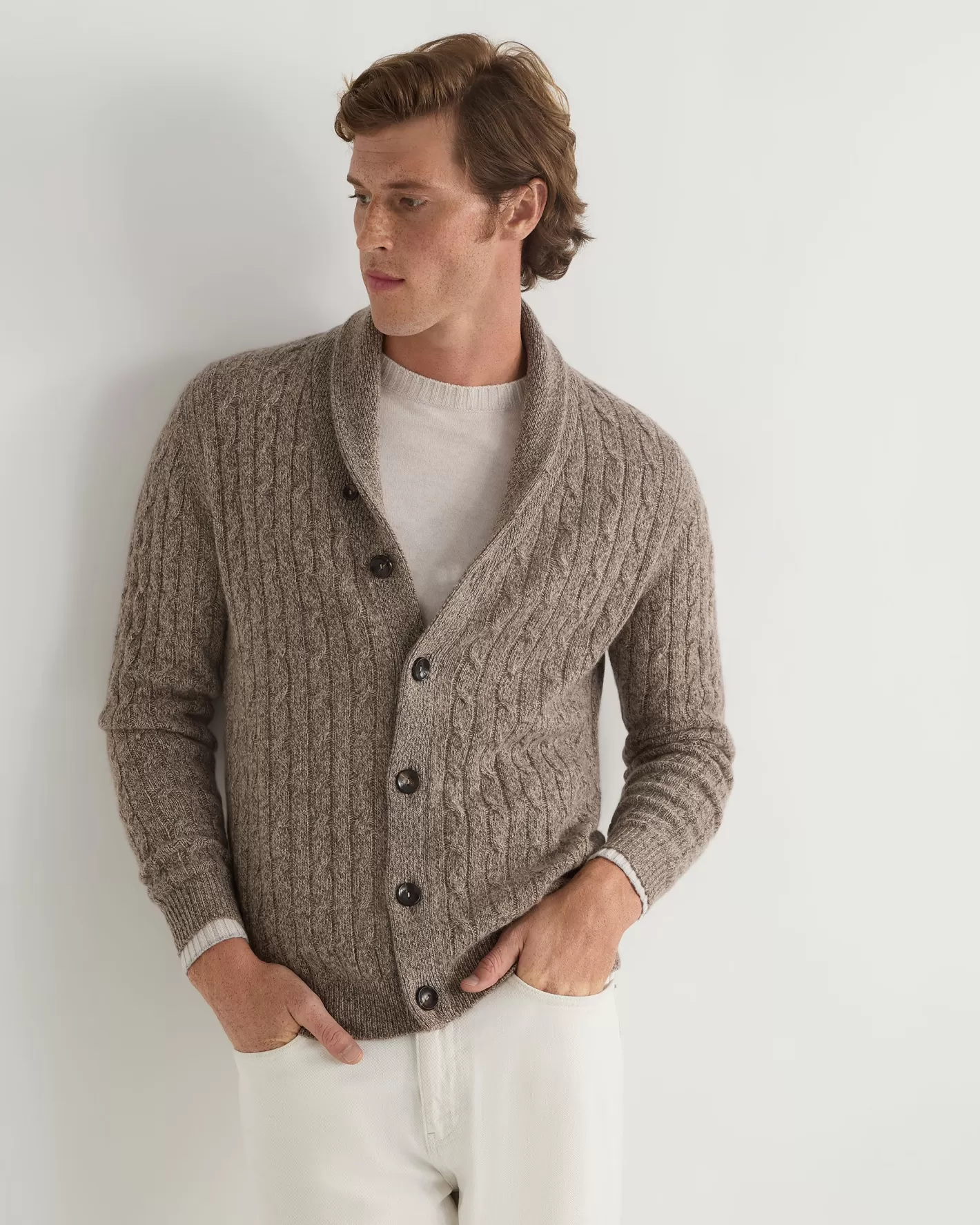 N.Peal Men's Garrick Shawl Cable Cashmere Cardigan*Women Natural | Natural