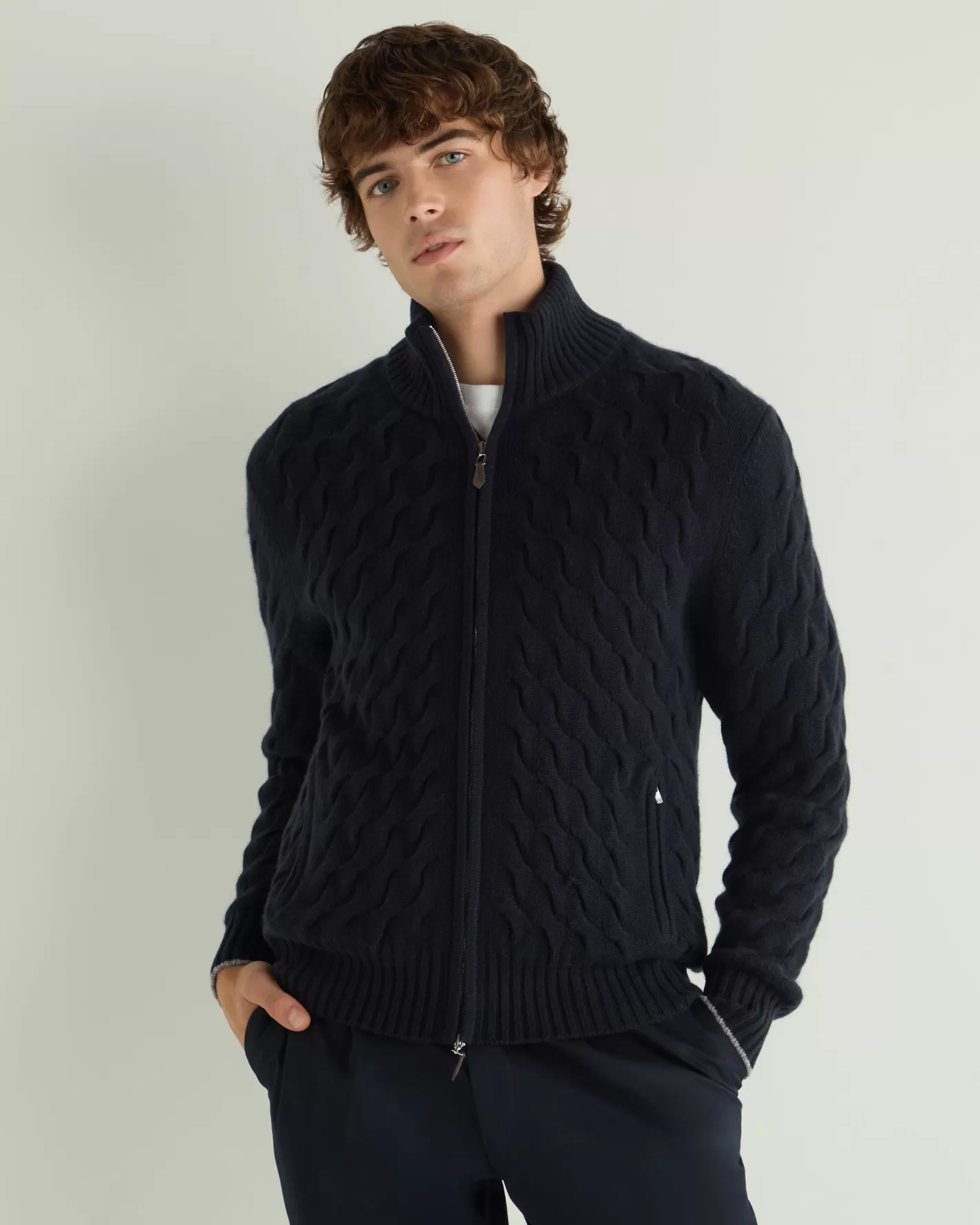 N.Peal Men's Hammersmith Cable Full Zip Cashmere Sweater*Women Navy | Navy