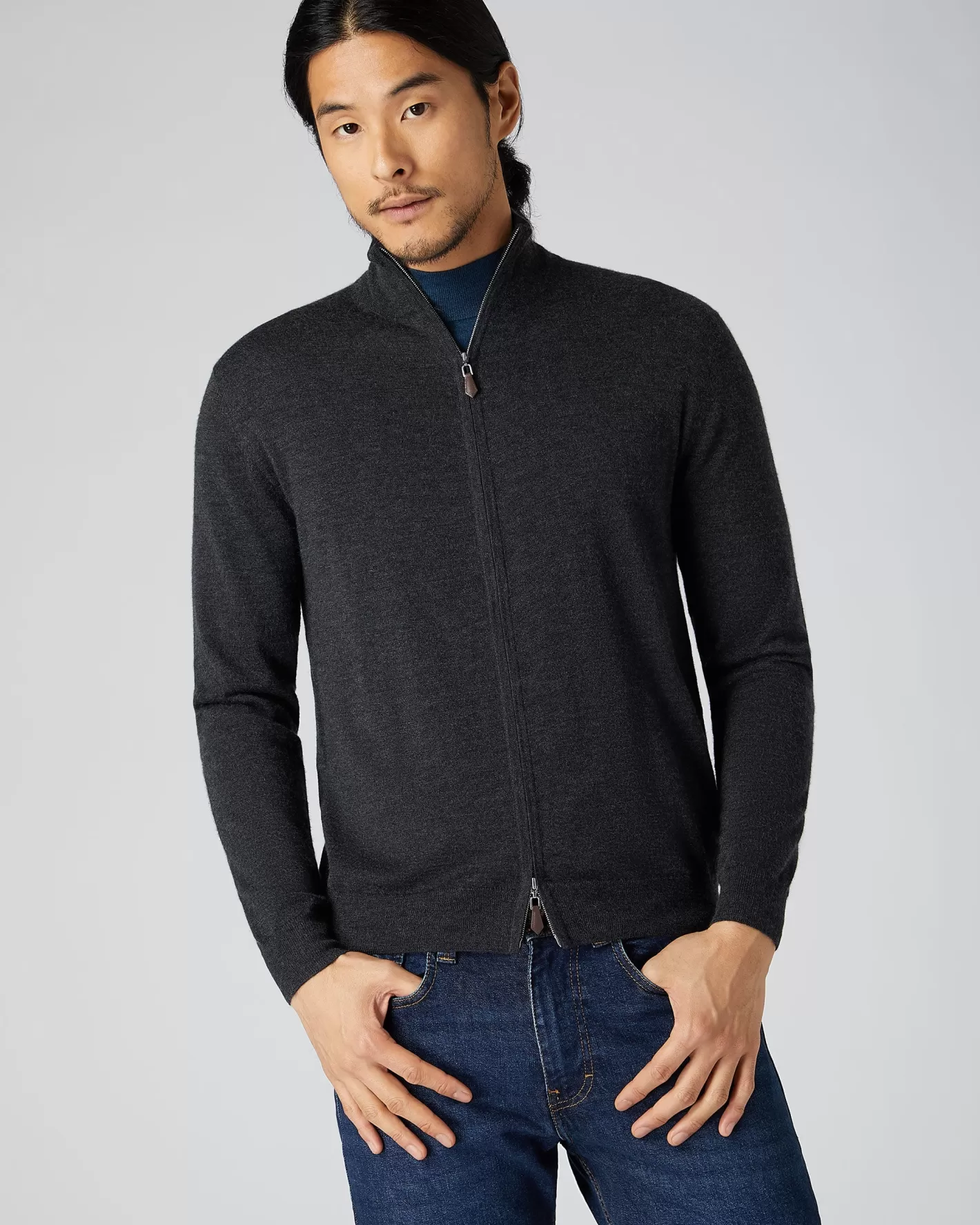 N.Peal Men's Hyde Fine Gauge Cashmere Full Zip Sweater* Dark Grey | Fine Gauge Cashmere