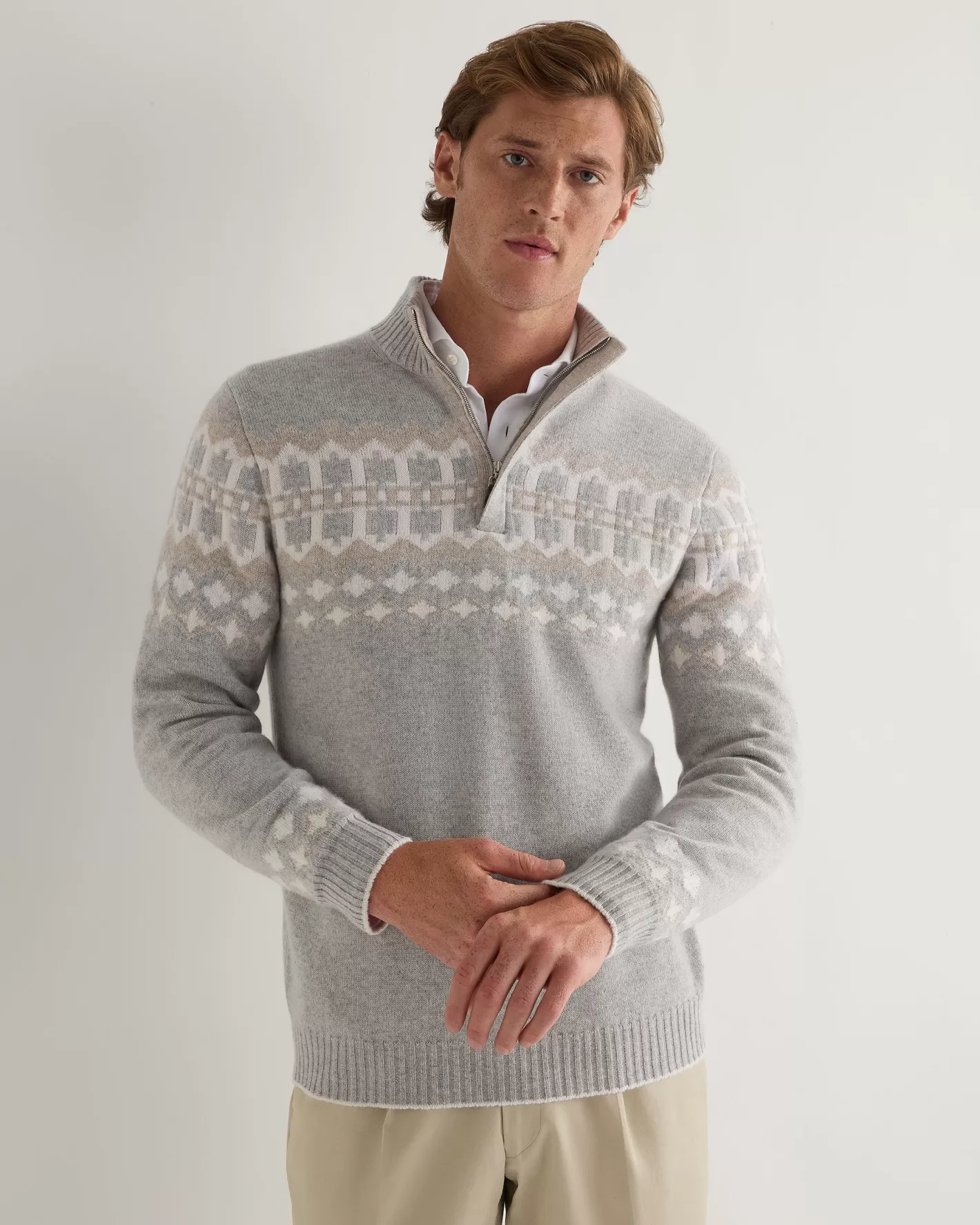 N.Peal Men's Jacquard Half Zip Cashmere Sweater*Women Natural | Natural