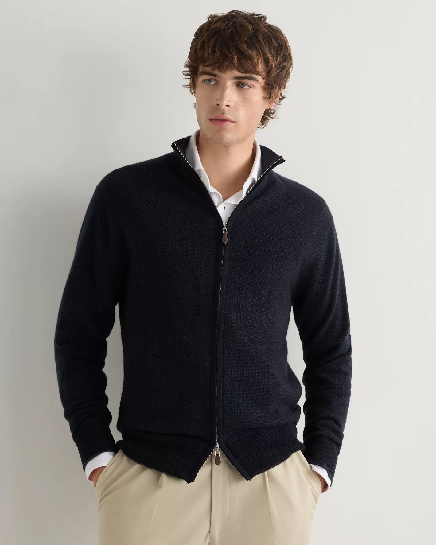 N.Peal Men's Knightsbridge Birdseye Full Zip Cashmere Sweater*Women Navy | Navy