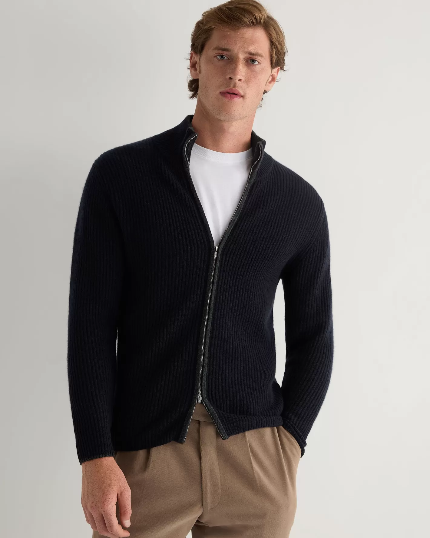 N.Peal Men's Lambeth Rib Full Zip Cashmere Cardigan*Women Navy | Navy