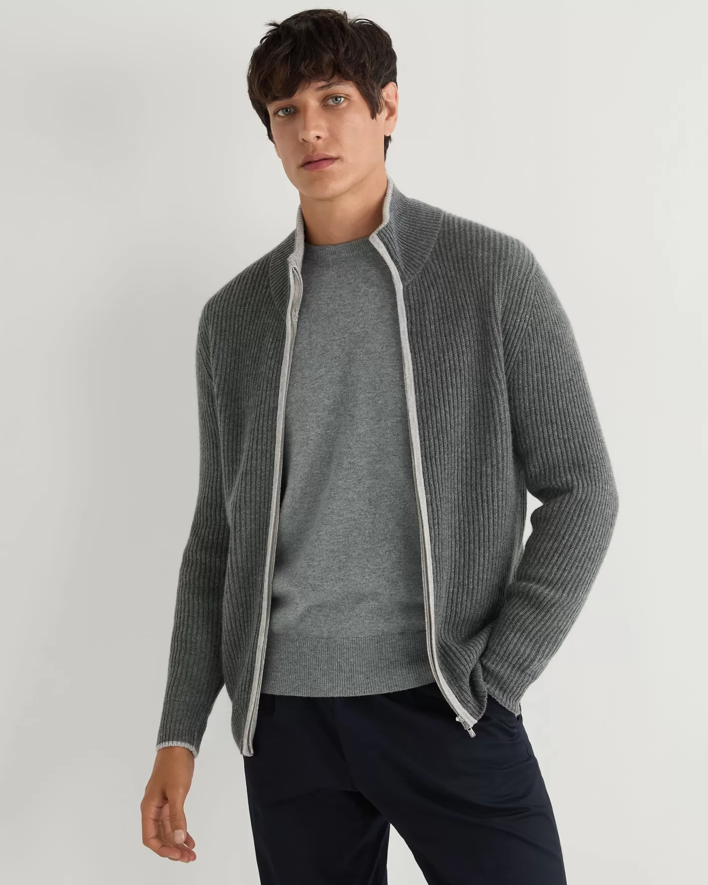 N.Peal Men's Lambeth Rib Full Zip Cashmere Cardigan* Dark Grey | Ribbed Cashmere