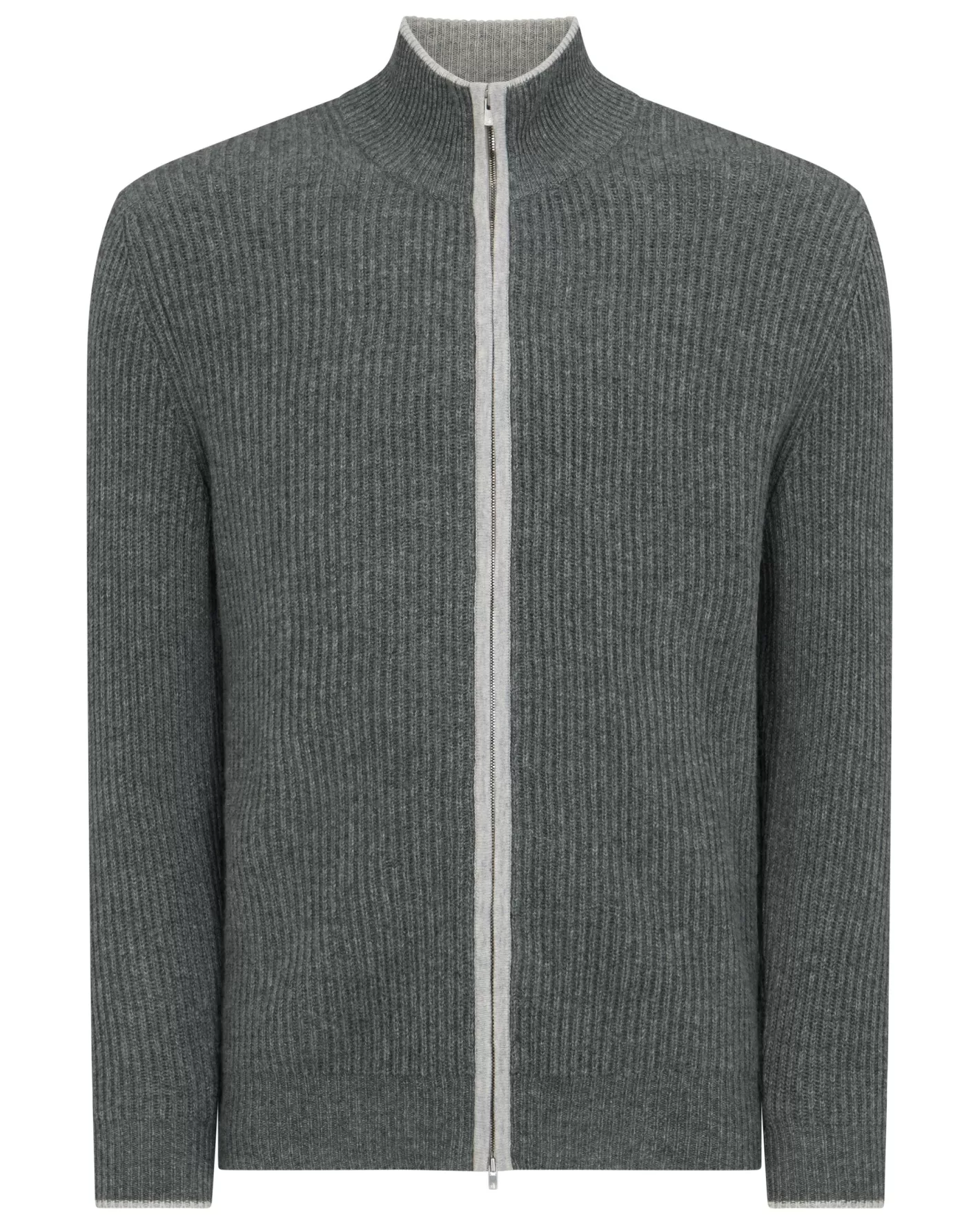 N.Peal Men's Lambeth Rib Full Zip Cashmere Cardigan* Dark Grey | Ribbed Cashmere