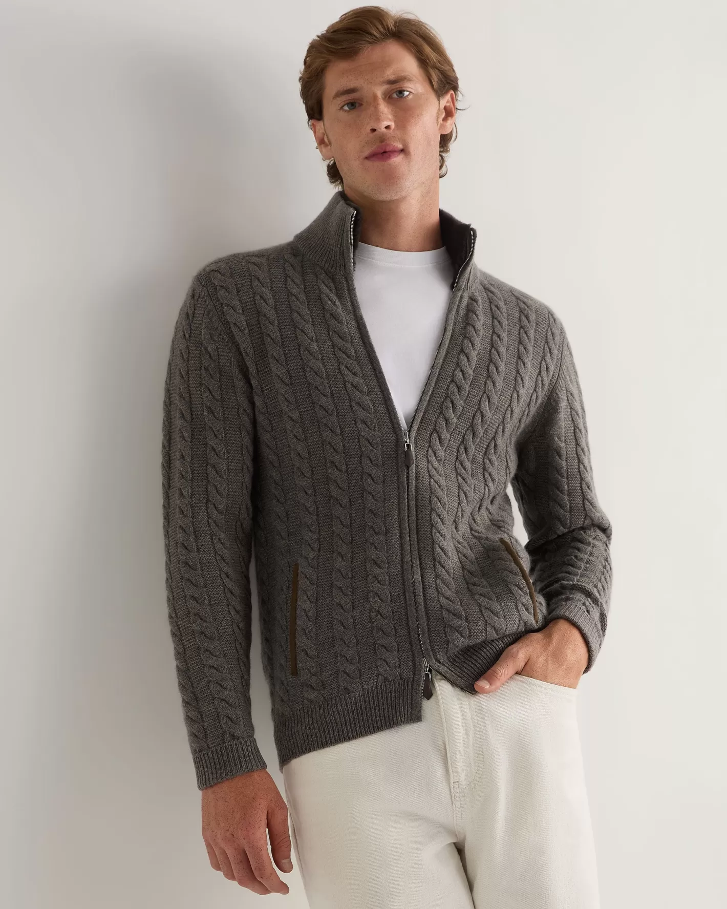 N.Peal Men's Richmond Cable Cashmere Cardigan*Women Natural | Natural