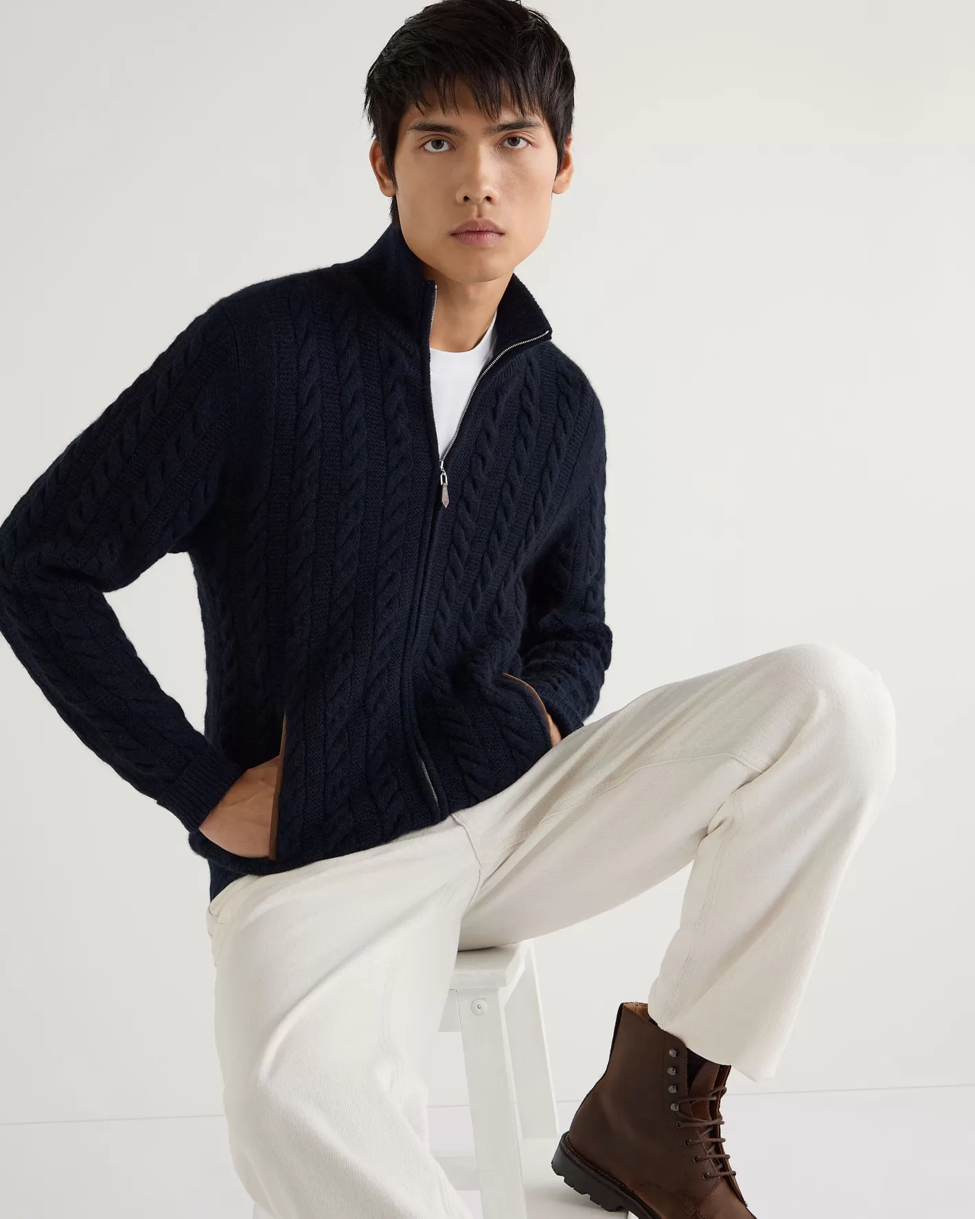 N.Peal Men's Richmond Cable Cashmere Cardigan*Women Navy | Navy