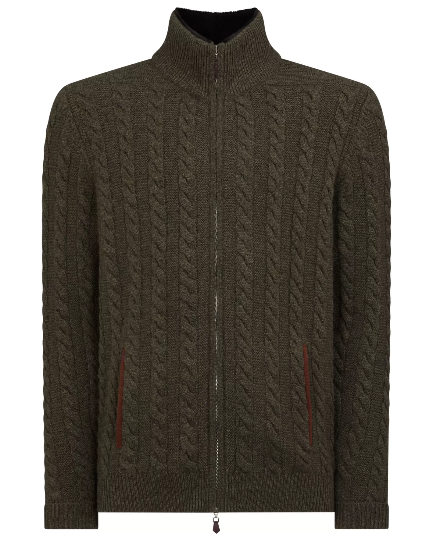 N.Peal Men's Richmond Cable Cashmere Cardigan* Green | Fur Trim Knitwear