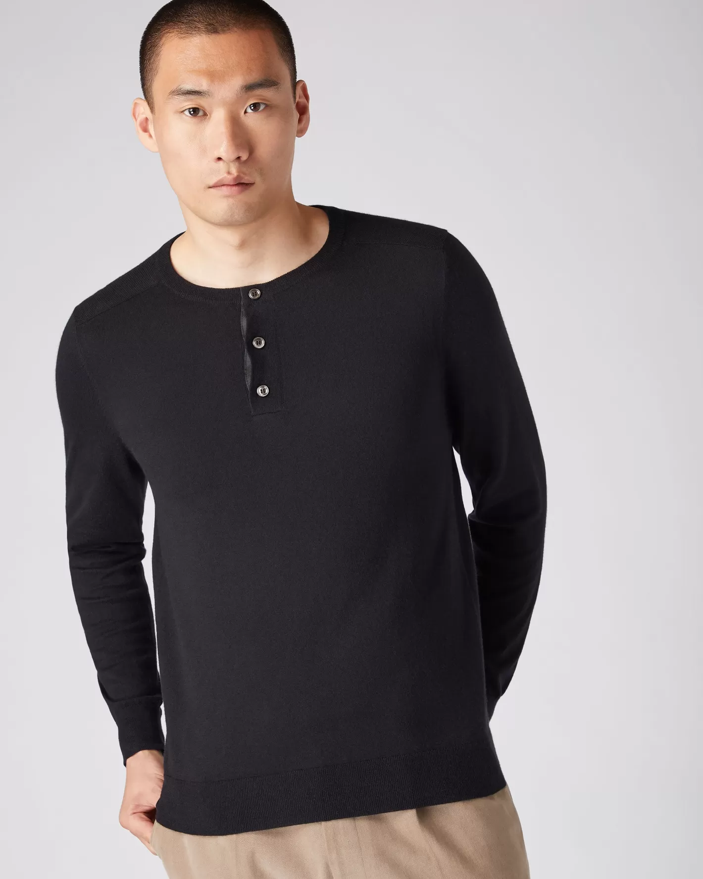 N.Peal Men's Round Neck Cotton Cashmere Henley*Women Black | Black