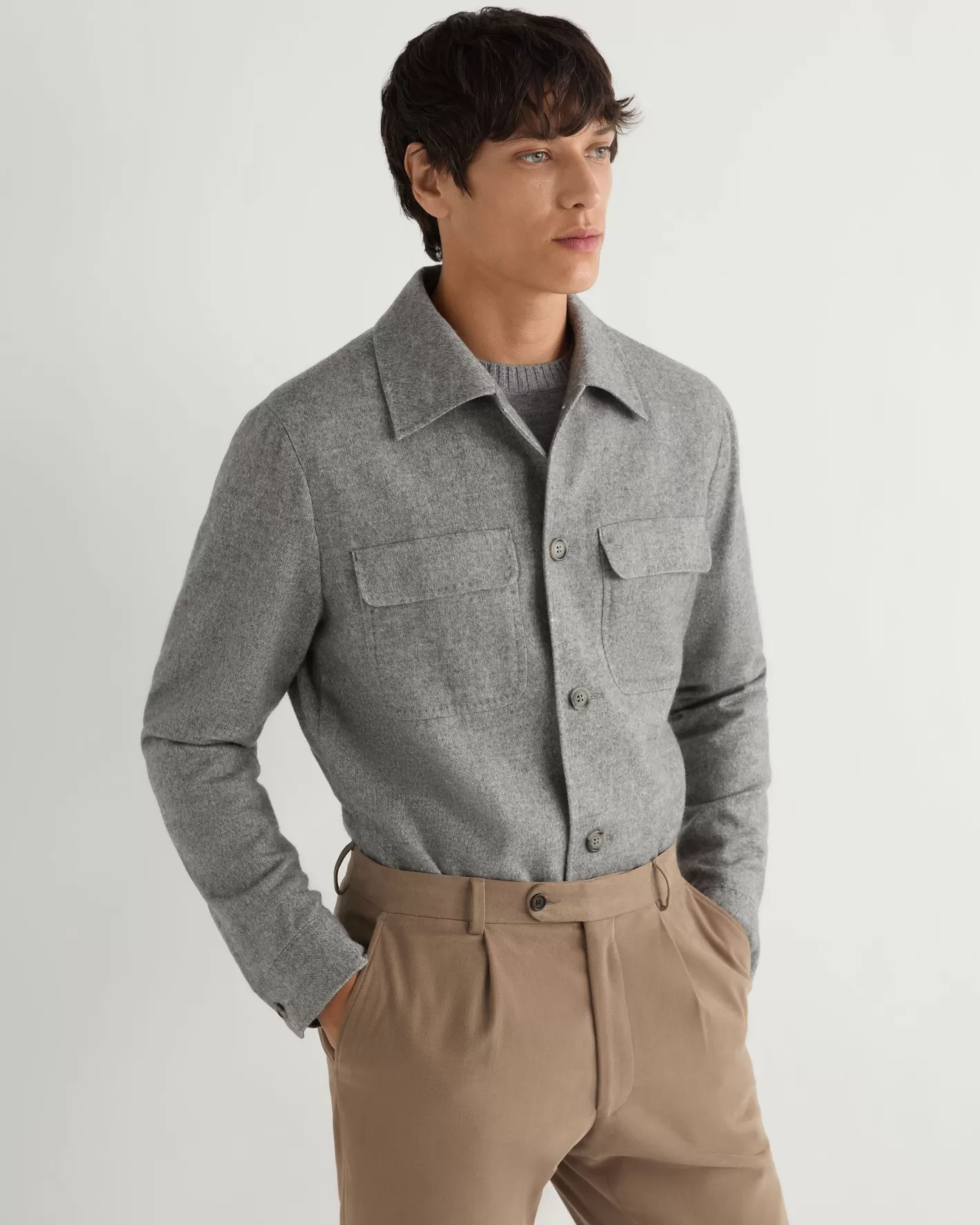 N.Peal Men's Scala Herringbone Overshirt* Dark Grey | Woven Collection