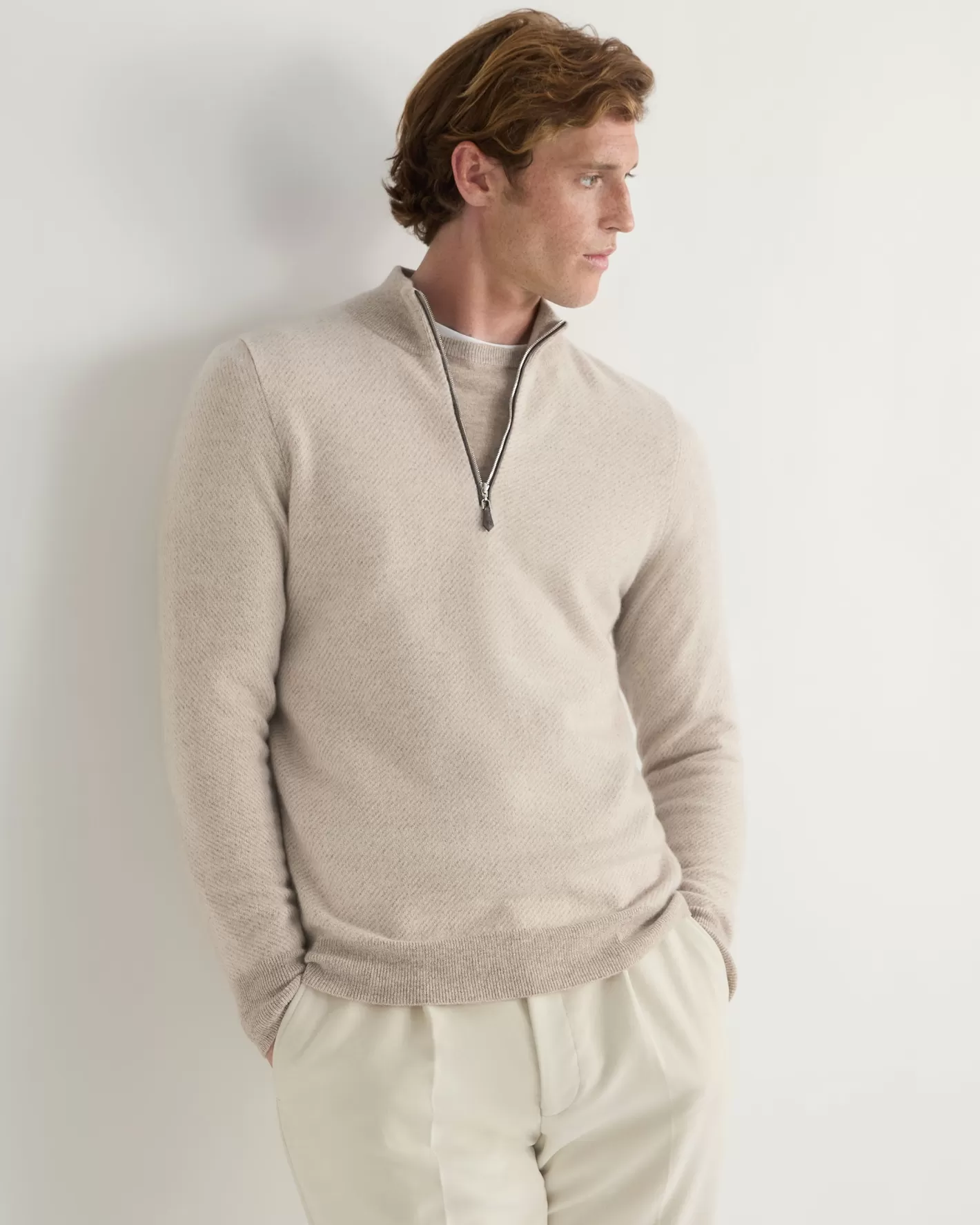 N.Peal Men's Temple Jacquard Half Zip Cashmere Sweater*Women Natural | Natural