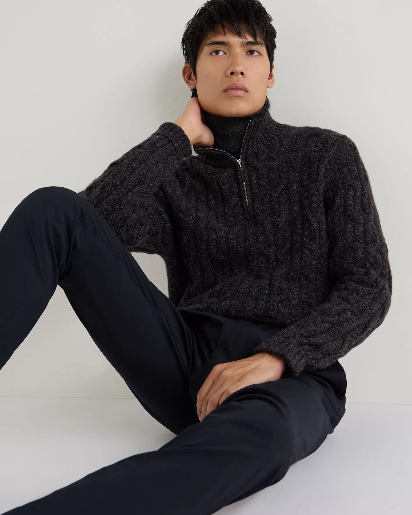 N.Peal Men's Textured Cable Half Zip Cashmere Sweater* Dark Grey | Half & Full Zip Knitwear