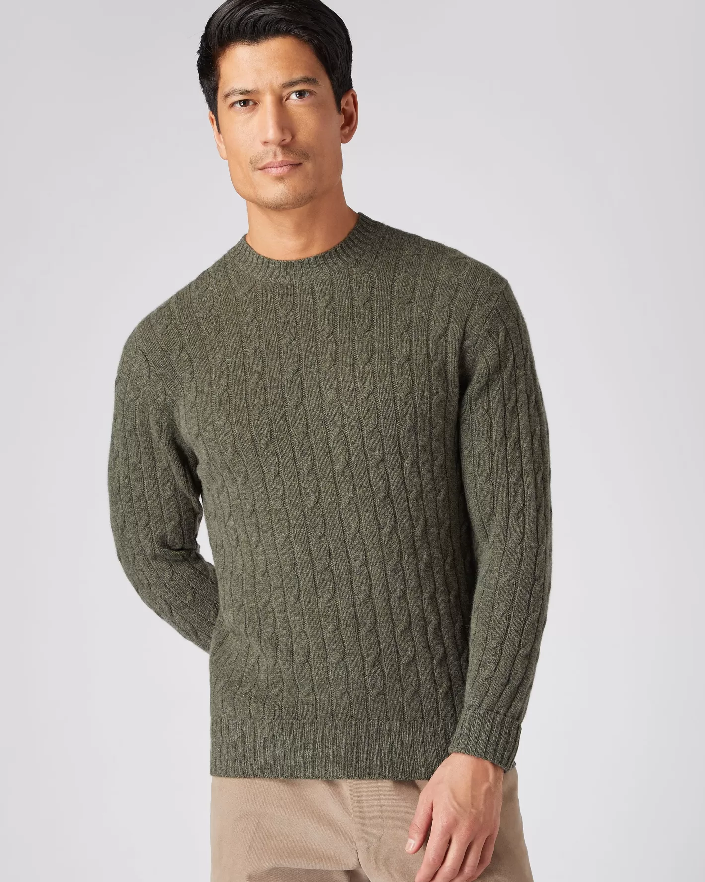 N.Peal Men's Thames Cable Round Neck Cashmere Sweater* Green | Textured Knits