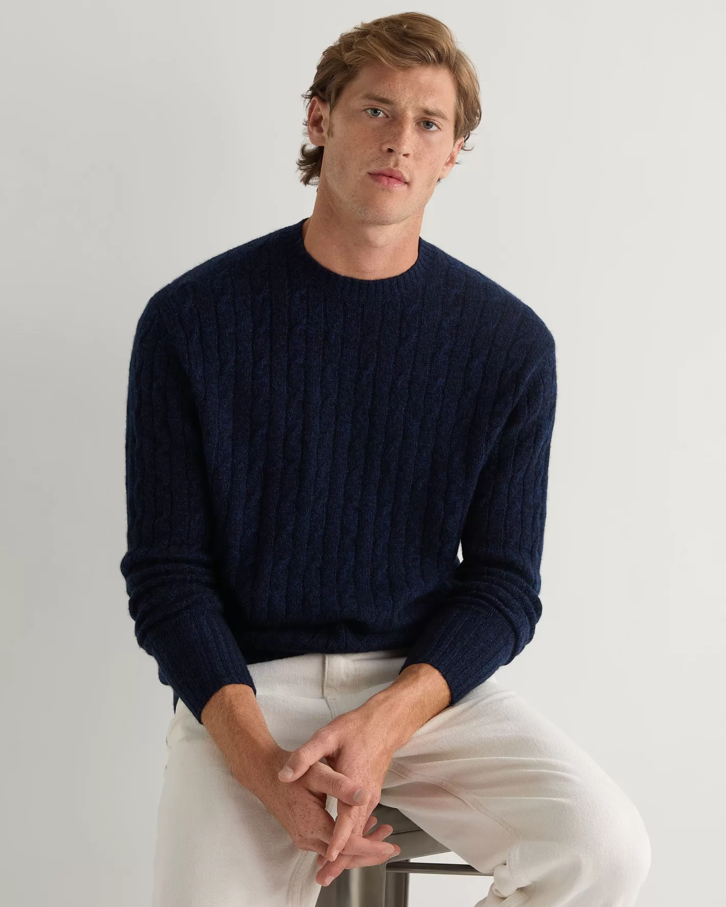 N.Peal Men's Thames Cable Round Neck Cashmere Sweater*Women Navy | Navy