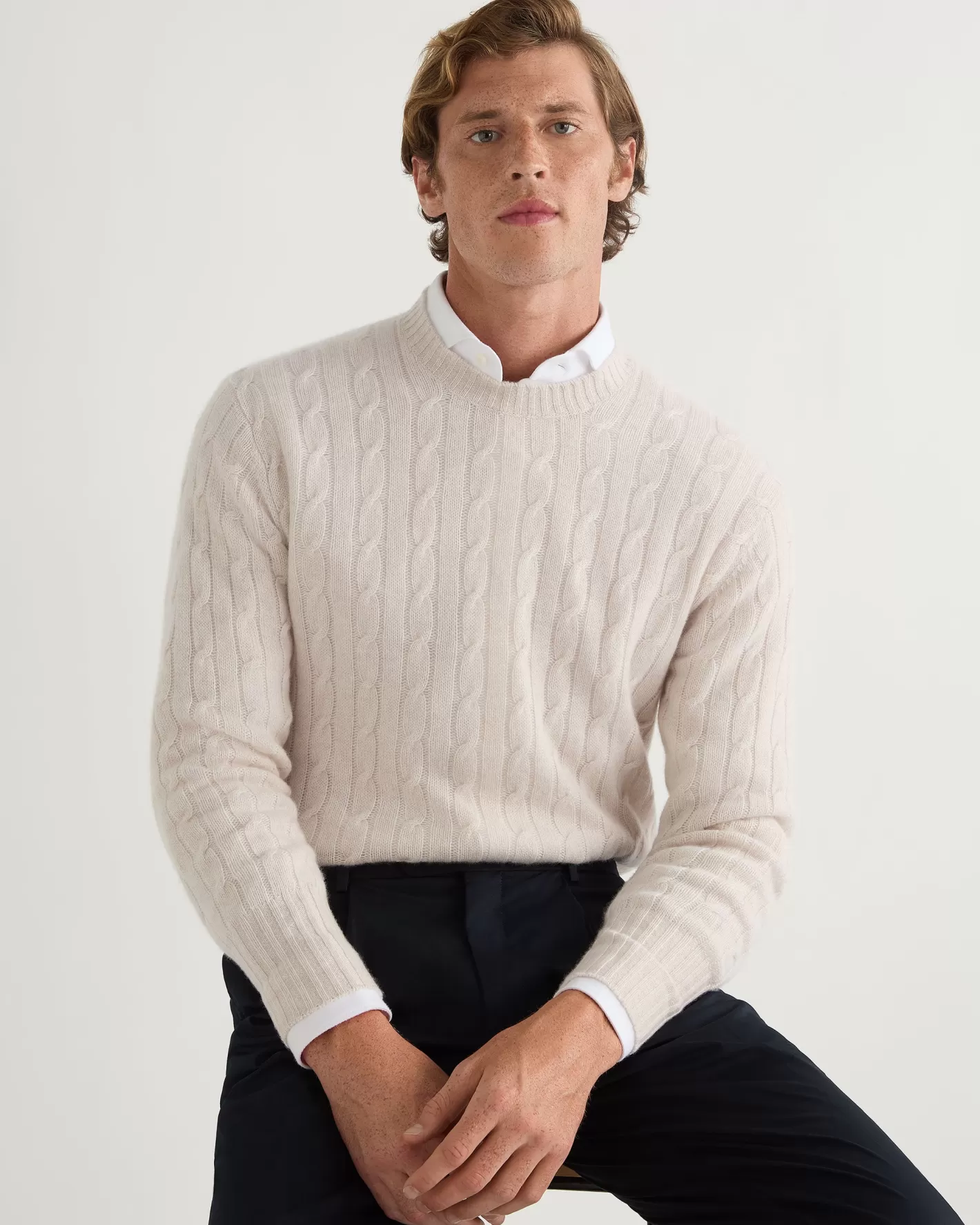 N.Peal Men's Thames Cable Round Neck Cashmere Sweater*Women White | White