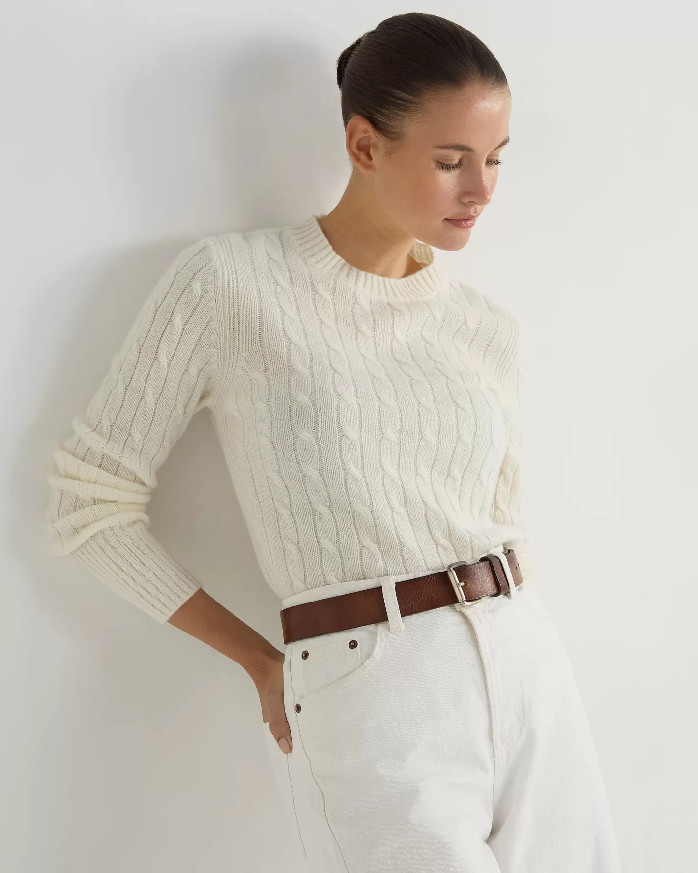 N.Peal Women's Adelyn Cable Round Neck Cashmere Sweater*Women White | Natural