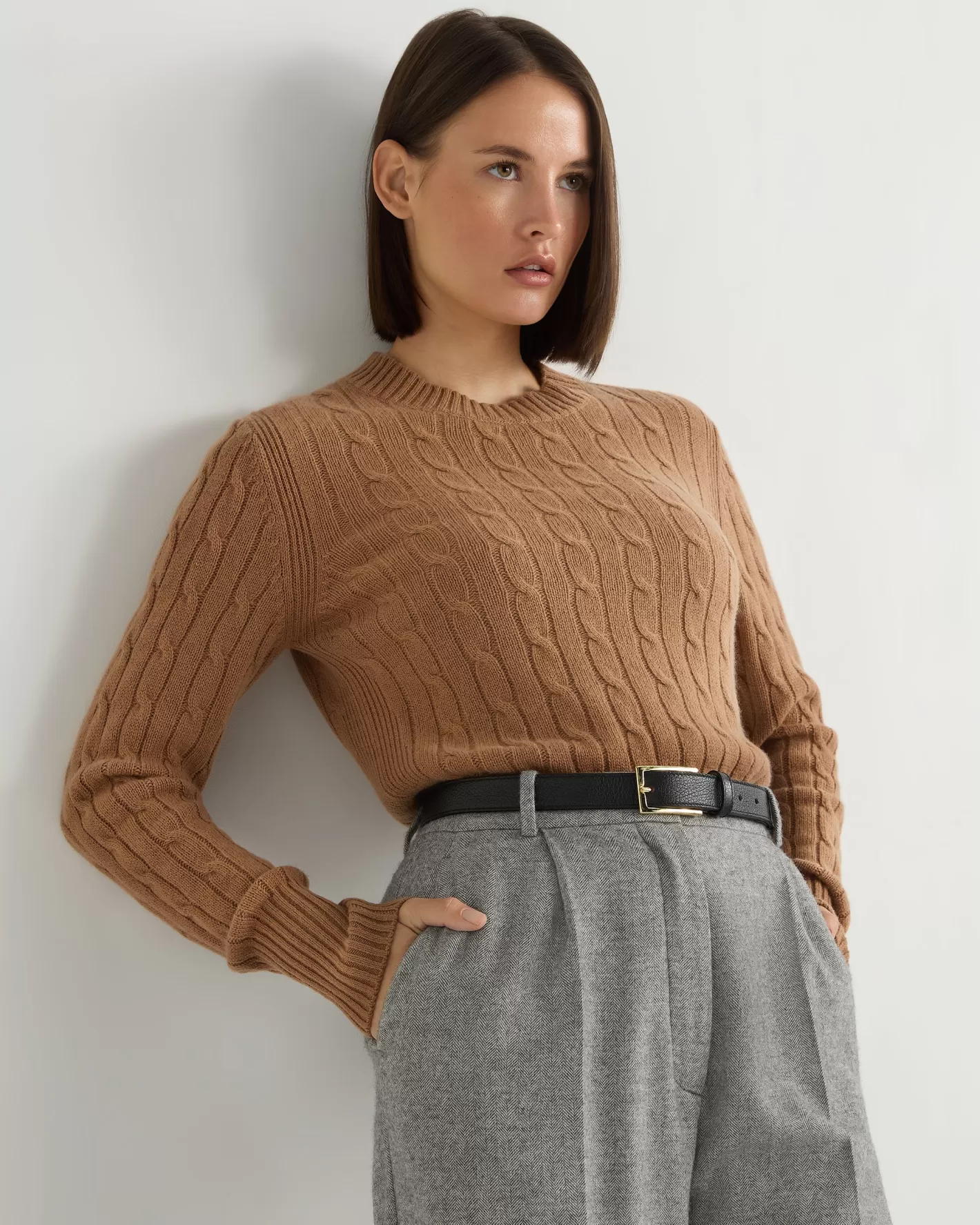 N.Peal Women's Adelyn Cable Round Neck Cashmere Sweater*Women Brown | Textured Knits