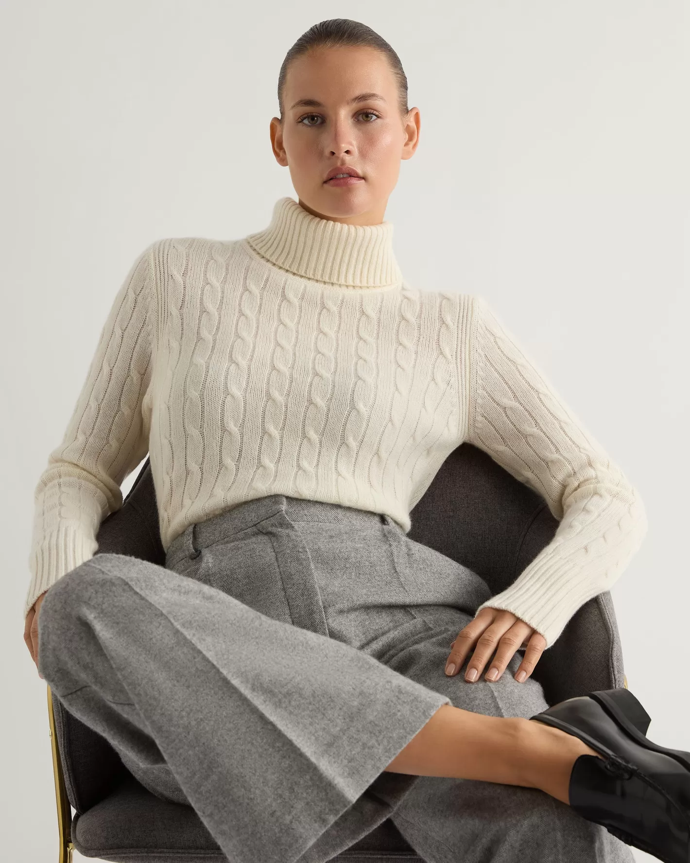 N.Peal Women's Adelyn Cable Turtle Cashmere Sweater*Women White | Natural