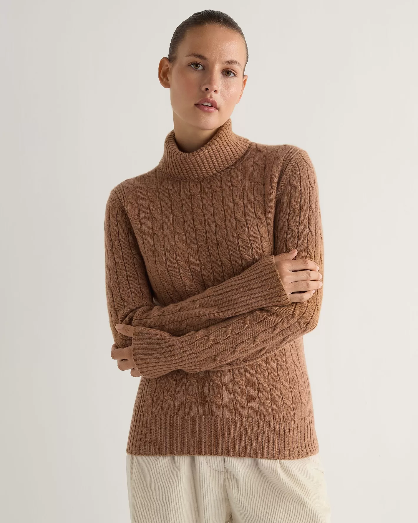 N.Peal Women's Adelyn Cable Turtle Cashmere Sweater*Women Brown | Textured Knits