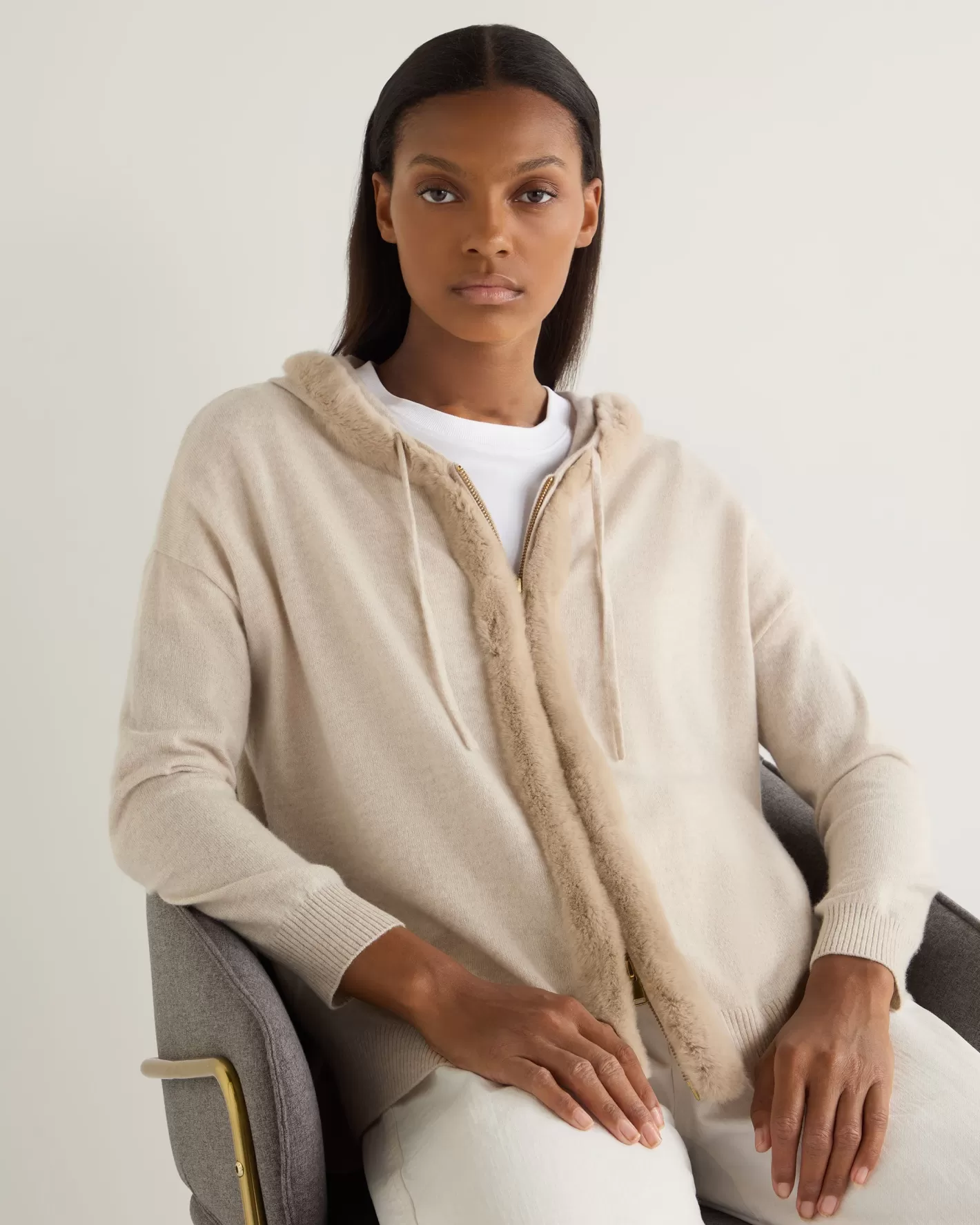 N.Peal Women's Alicia Fur Trim Cashmere Hoodie*Women White | Natural