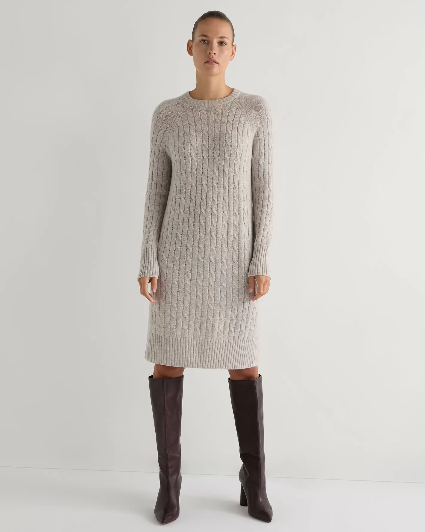 N.Peal Women's Bella Round Neck Cable Cashmere Dress*Women Natural | Brown