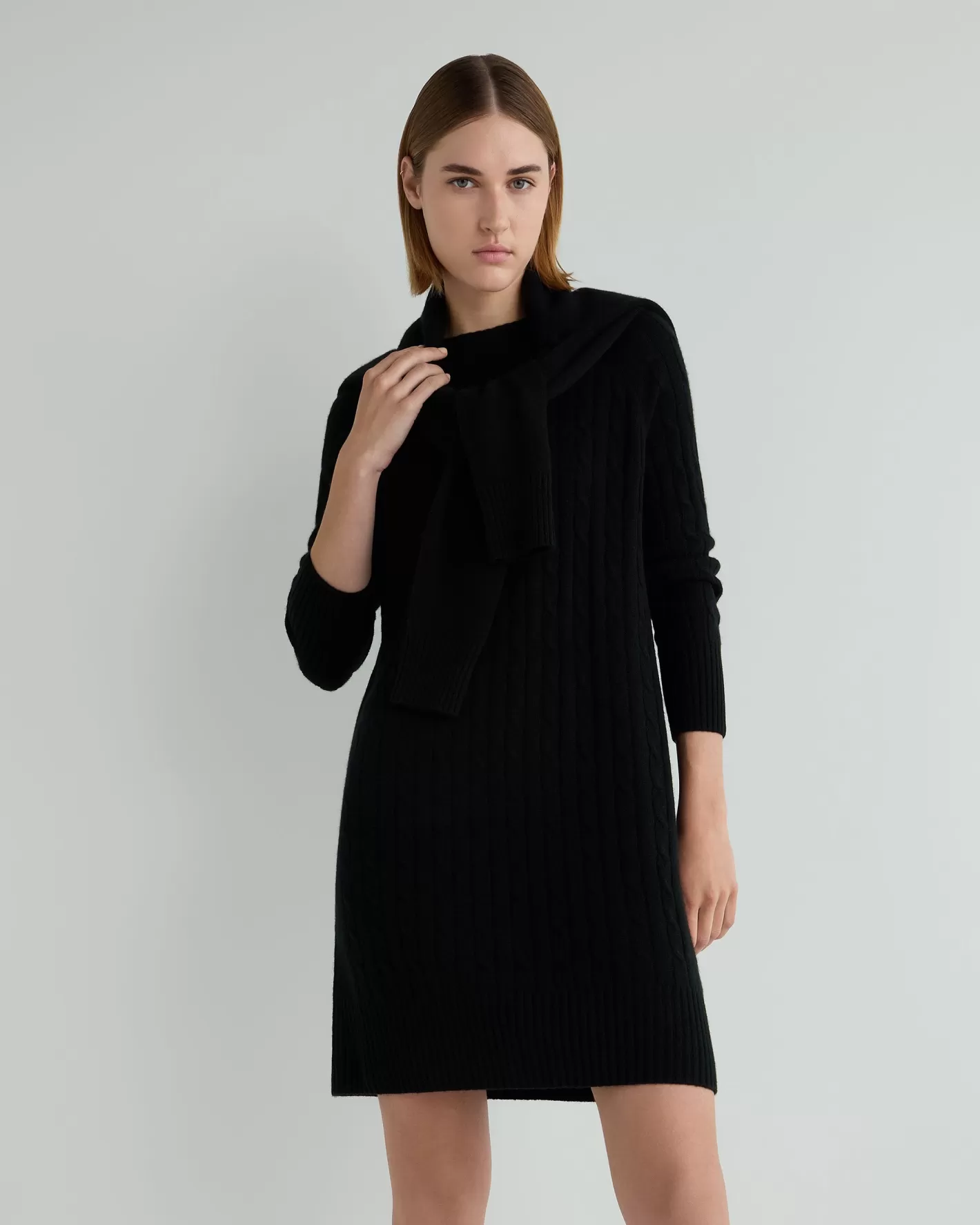 N.Peal Women's Bella Round Neck Cable Cashmere Dress*Women Black | Textured Knits