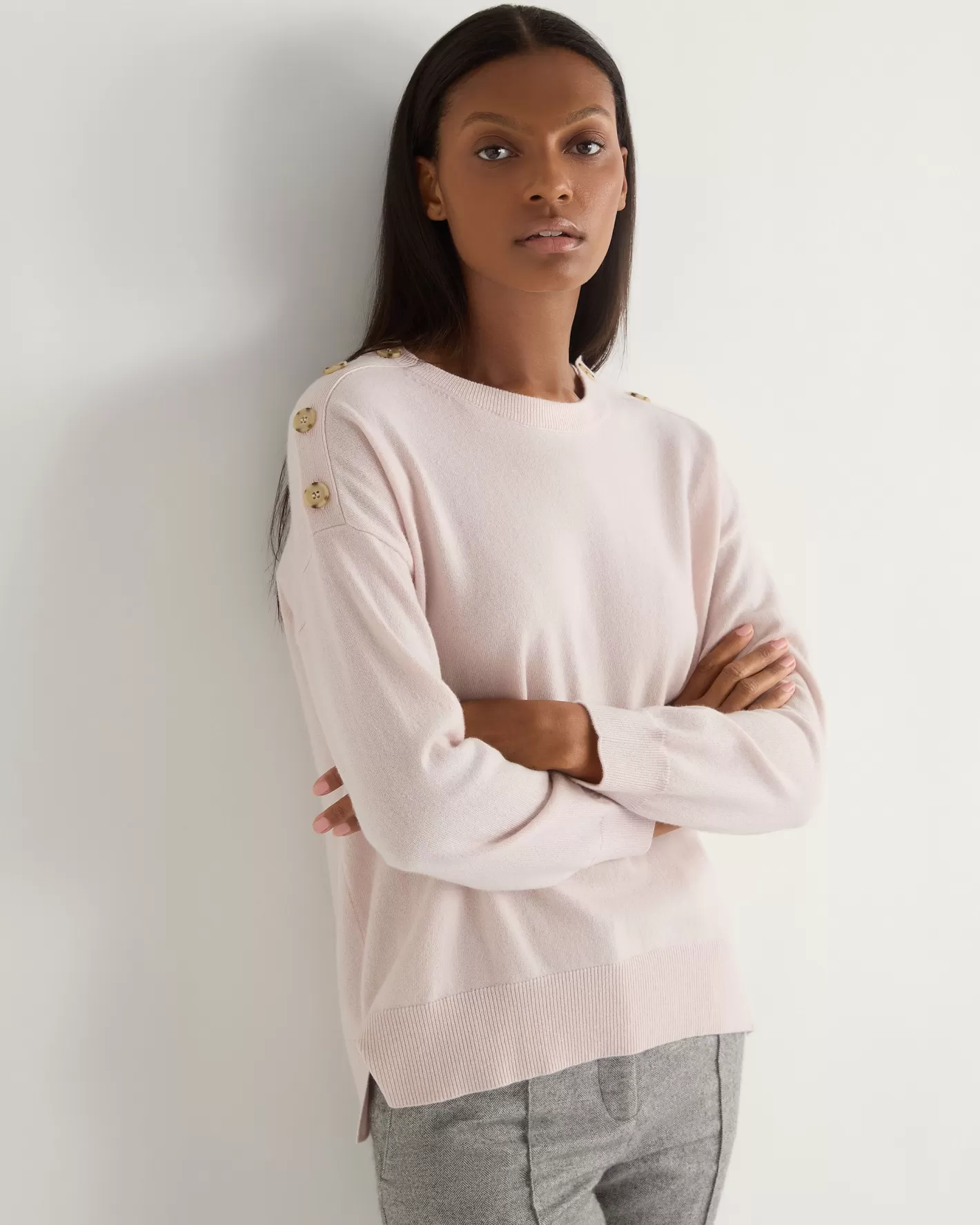 N.Peal Women's Button Shoulder Cashmere Sweater*Women Pink | Organic Cashmere