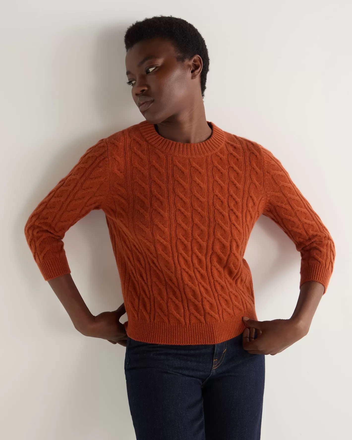 N.Peal Women's Emilia Cable Round Neck Cashmere Sweater*Women Orange | Textured Knits