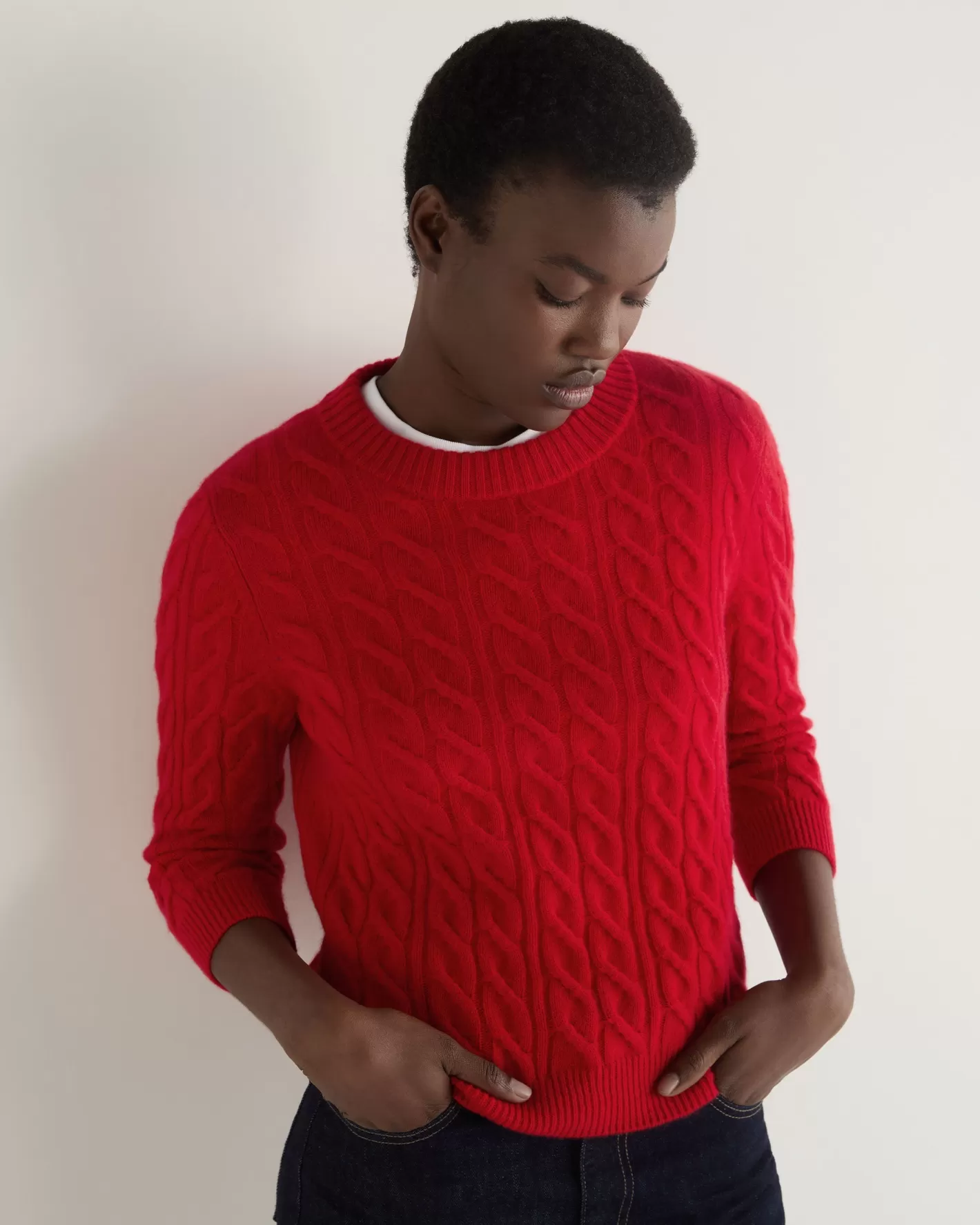 N.Peal Women's Emilia Cable Round Neck Cashmere Sweater*Women Red | Textured Knits