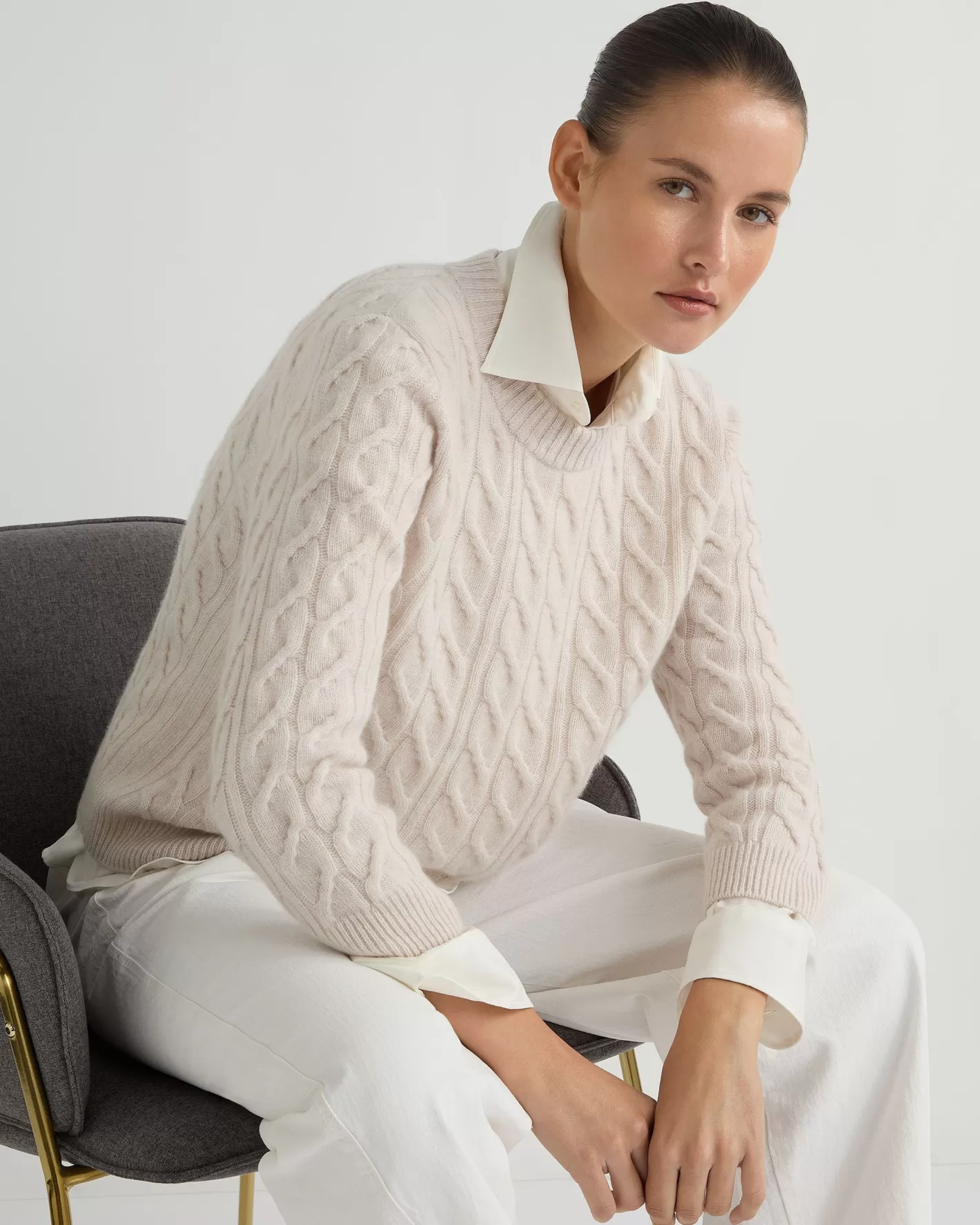 N.Peal Women's Emilia Cable Round Neck Cashmere Sweater*Women White | Natural