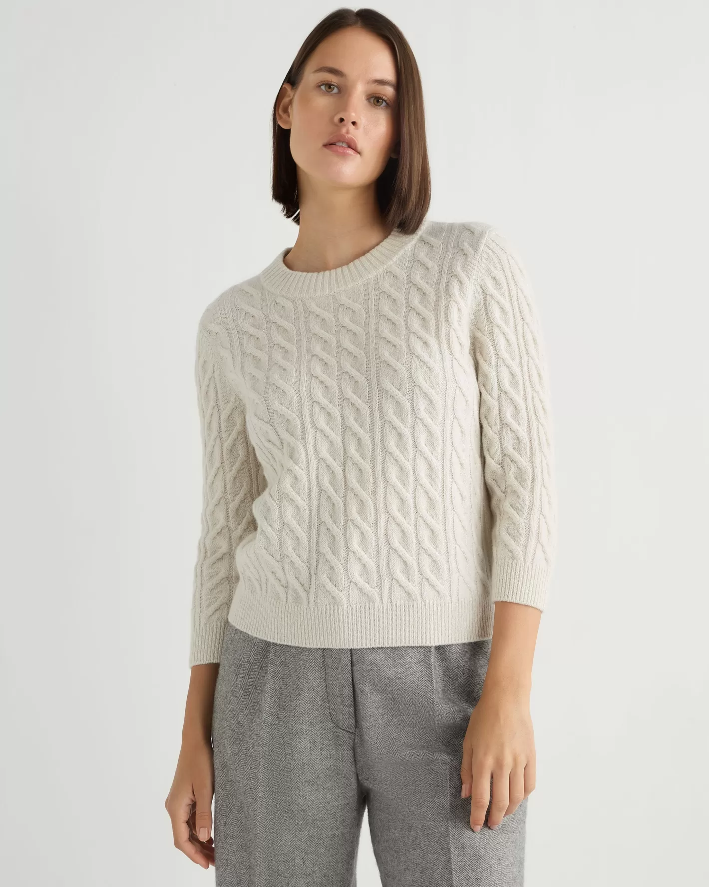 N.Peal Women's Emilia Cable Round Neck Cashmere Sweater With Lurex*Women Natural | Light Grey