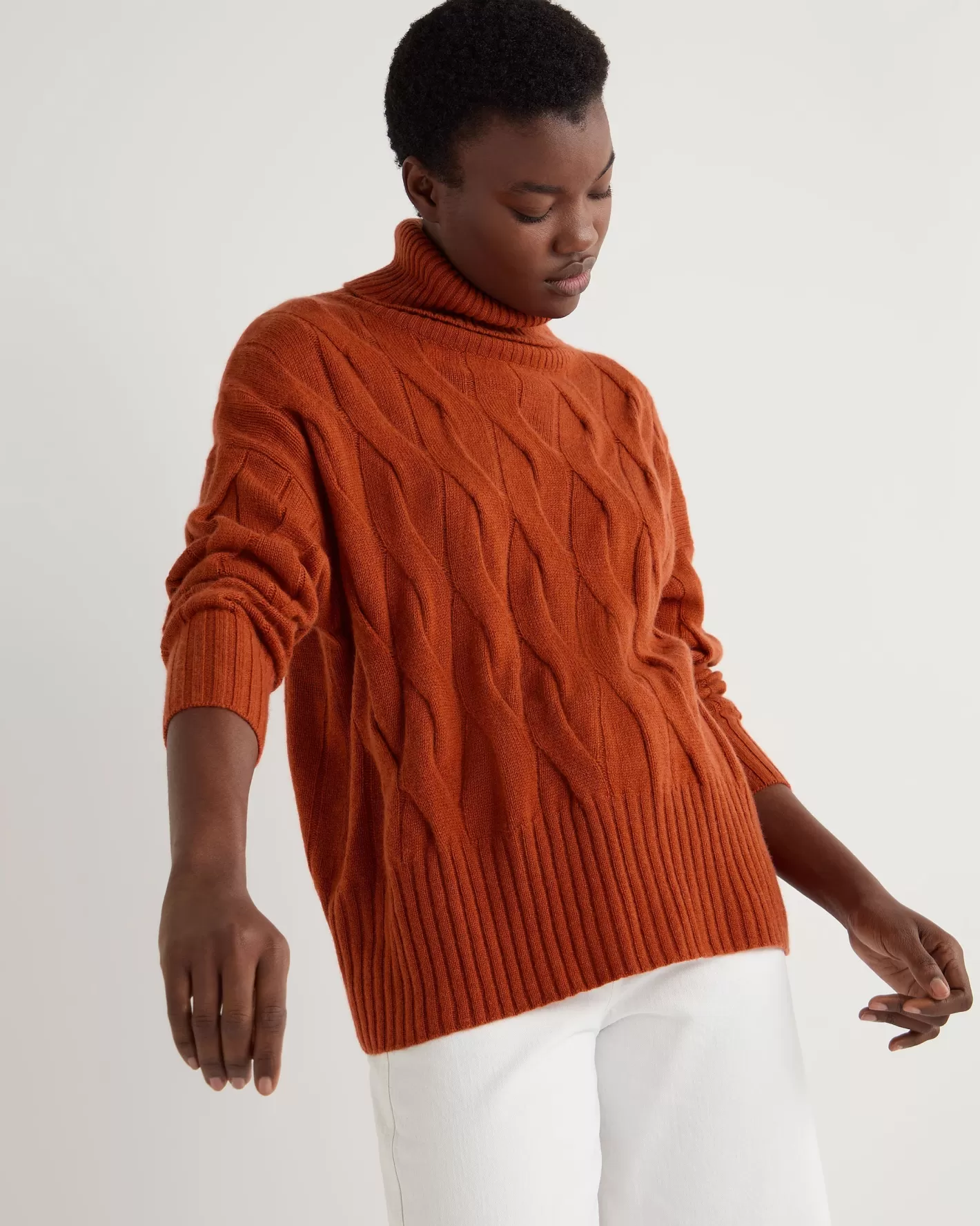 N.Peal Women's Emmie Relaxed Cable Turtle Neck Cashmere Sweater*Women Orange | Textured Knits