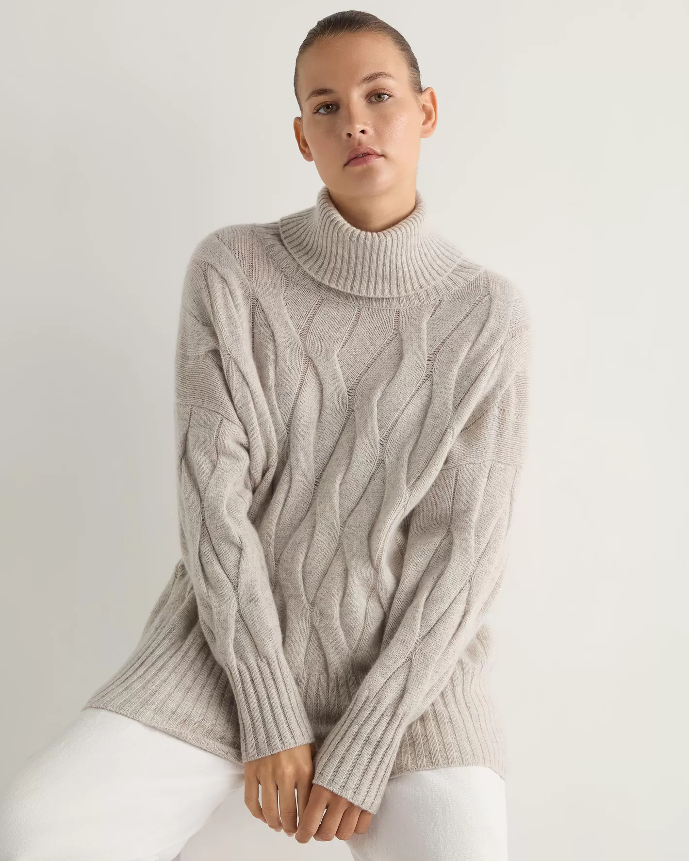 N.Peal Women's Emmie Relaxed Cable Turtle Neck Cashmere Sweater*Women Natural | Brown