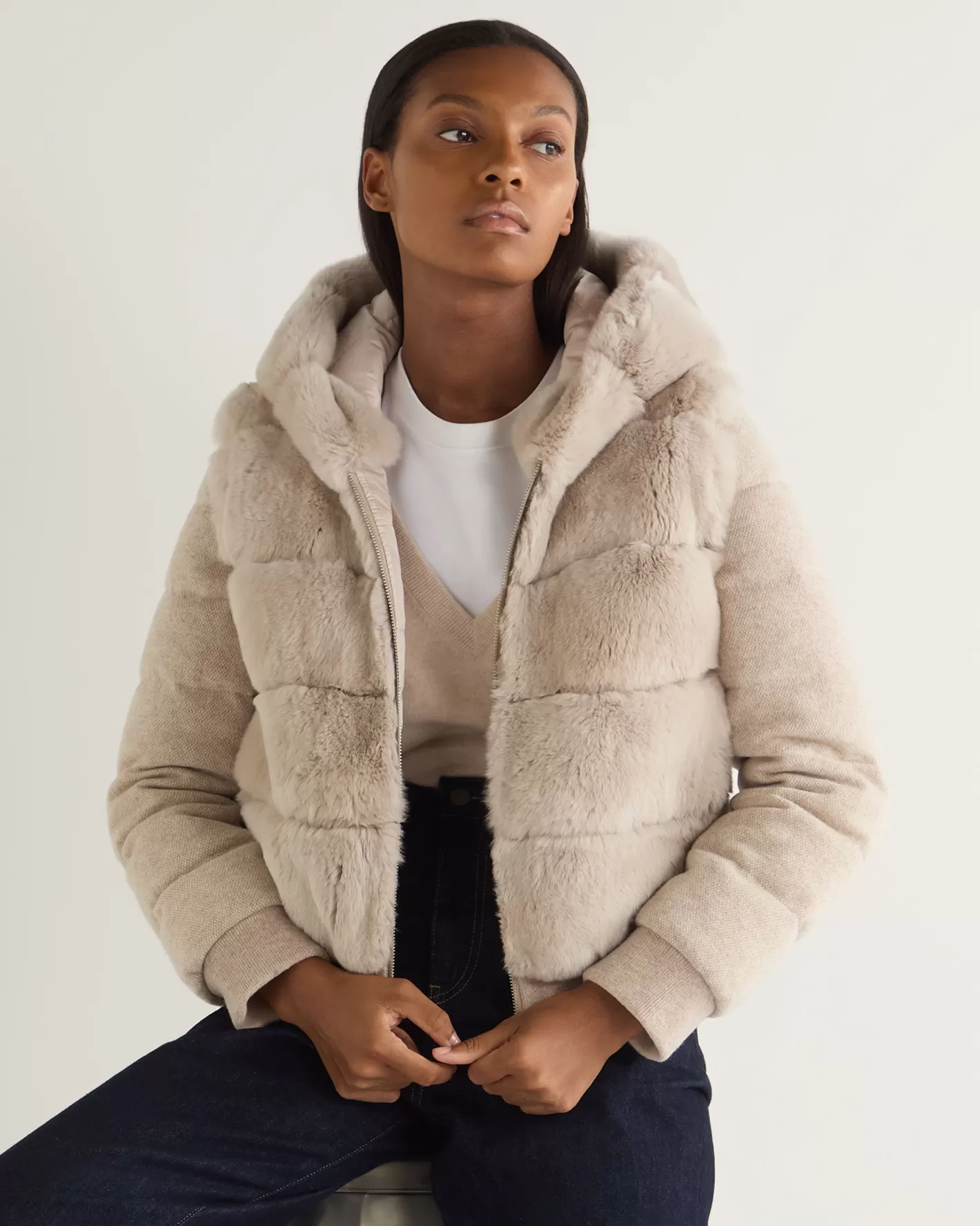 N.Peal Women's Eva Birdseye Fur Hooded Jacket*Women White | Natural