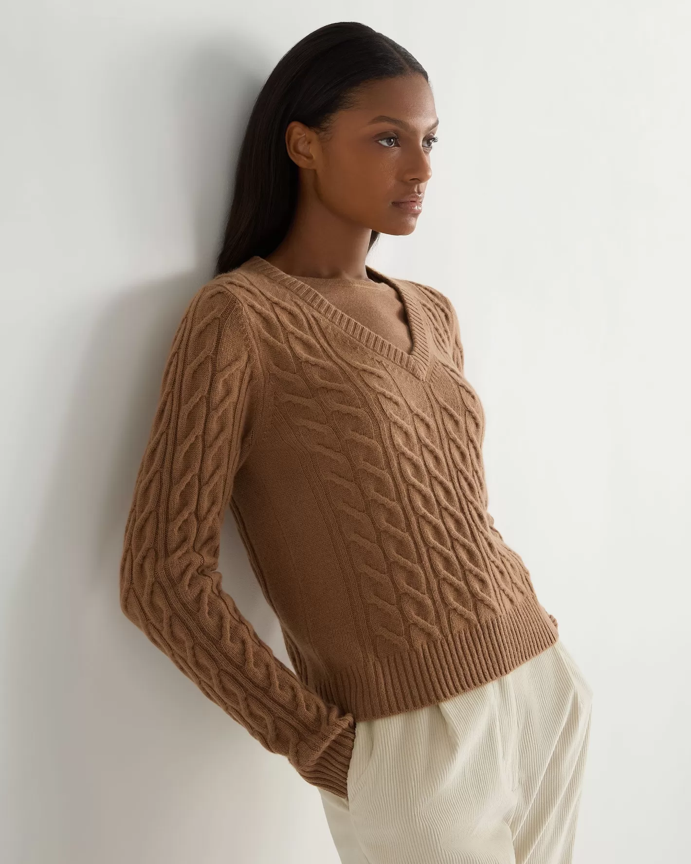 N.Peal Women's Frankie Cable V Neck Cashmere Sweater*Women Brown | Textured Knits