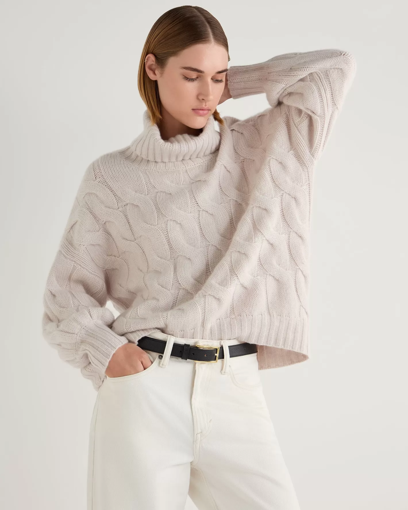 N.Peal Women's Hana Chunky Cable Turtle Neck Cashmere Sweater*Women White | Natural