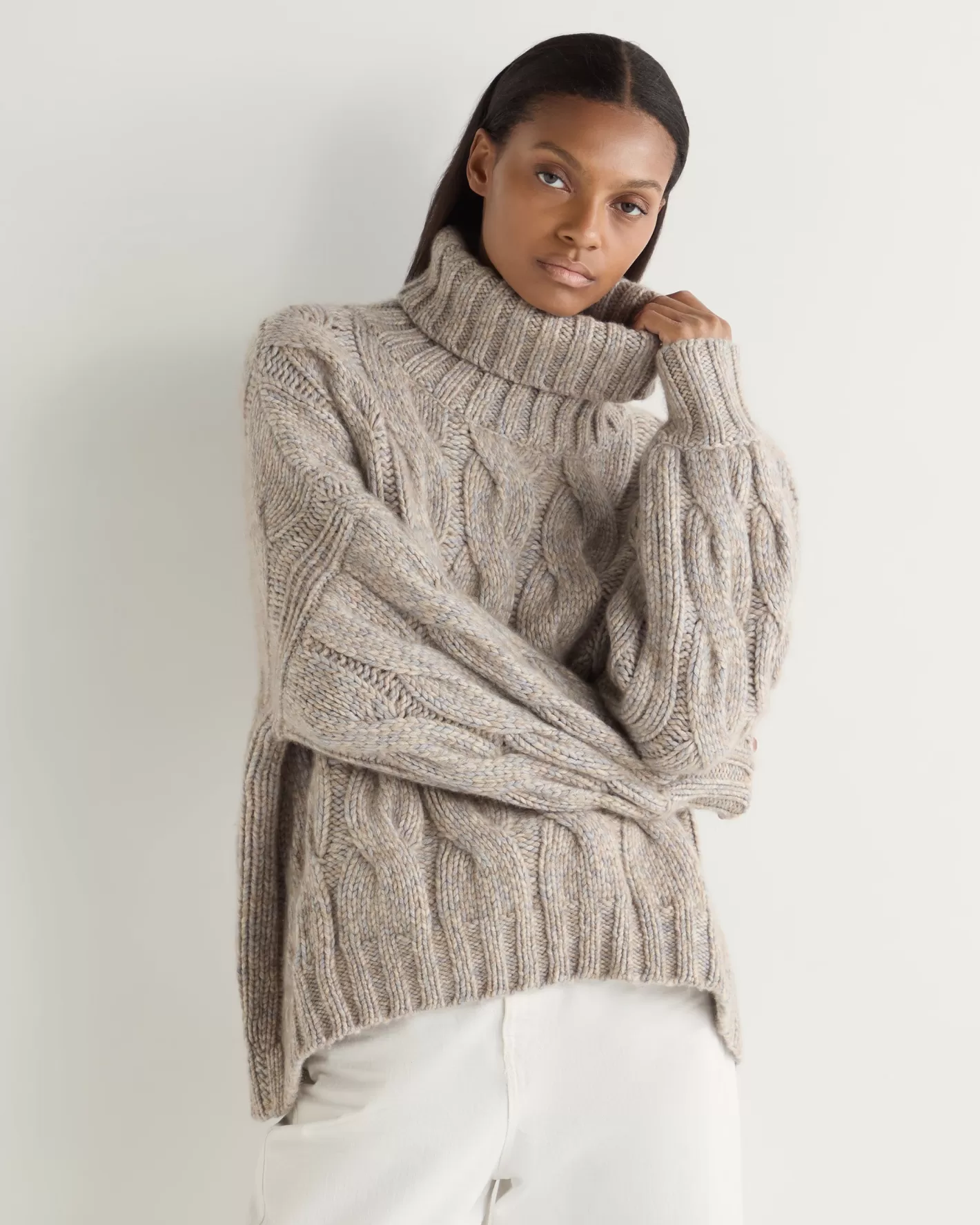 N.Peal Women's Hana Marl Chunky Cable Turtle Neck Cashmere Sweater*Women Natural | Textured Knits