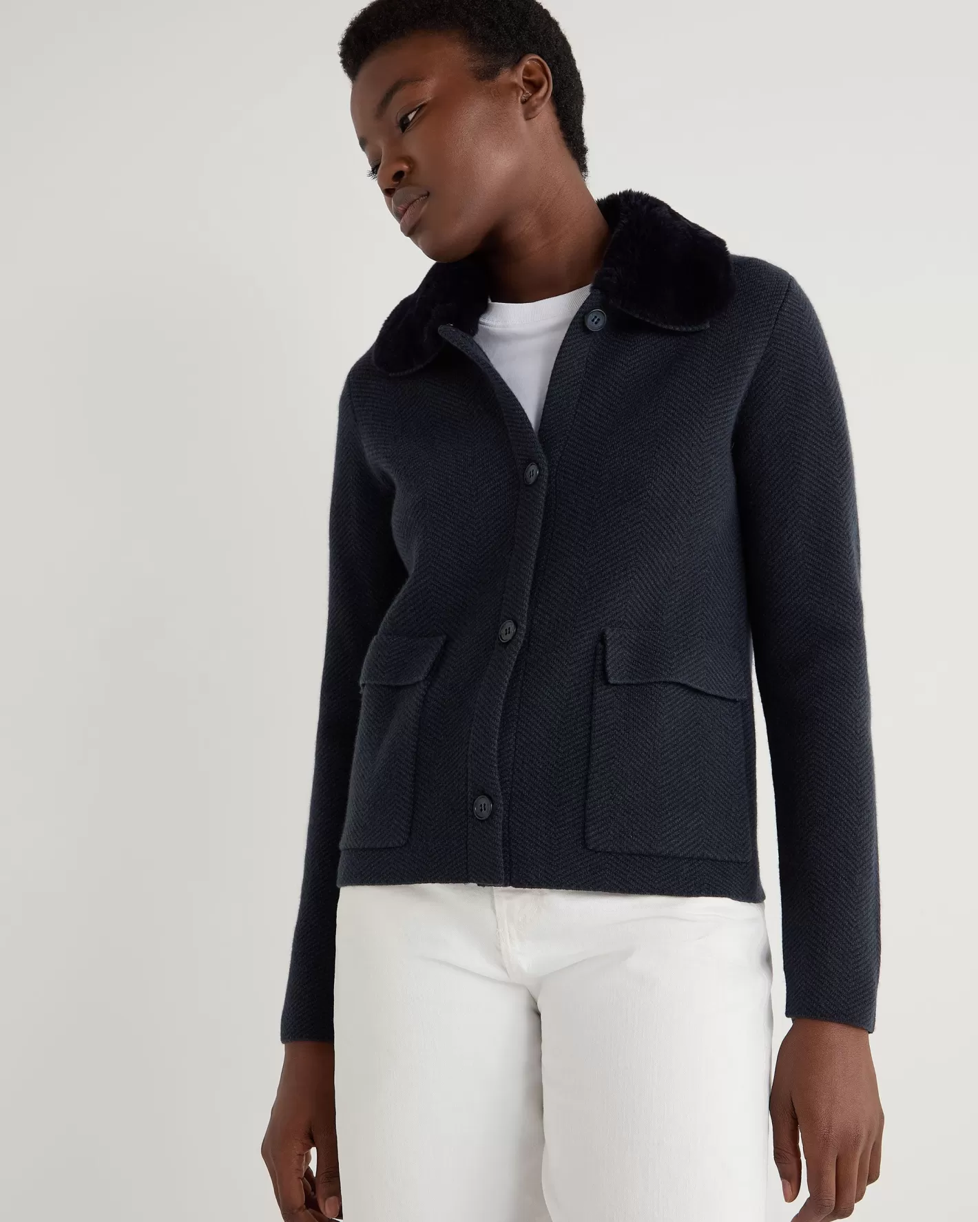 N.Peal Women's Herringbone Cashmere Jacket with Fur Trim*Women Navy | Blue