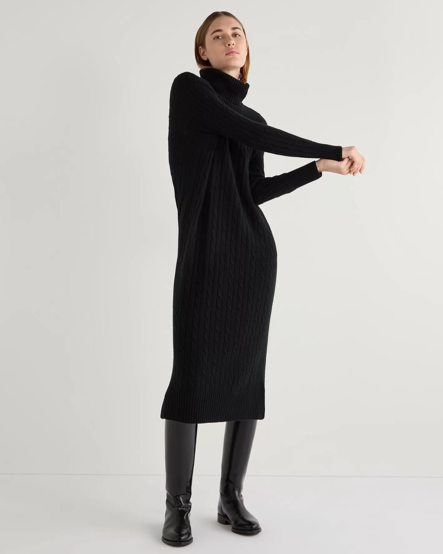 N.Peal Women's Longline Cable Cashmere Dress*Women Black | Textured Knits