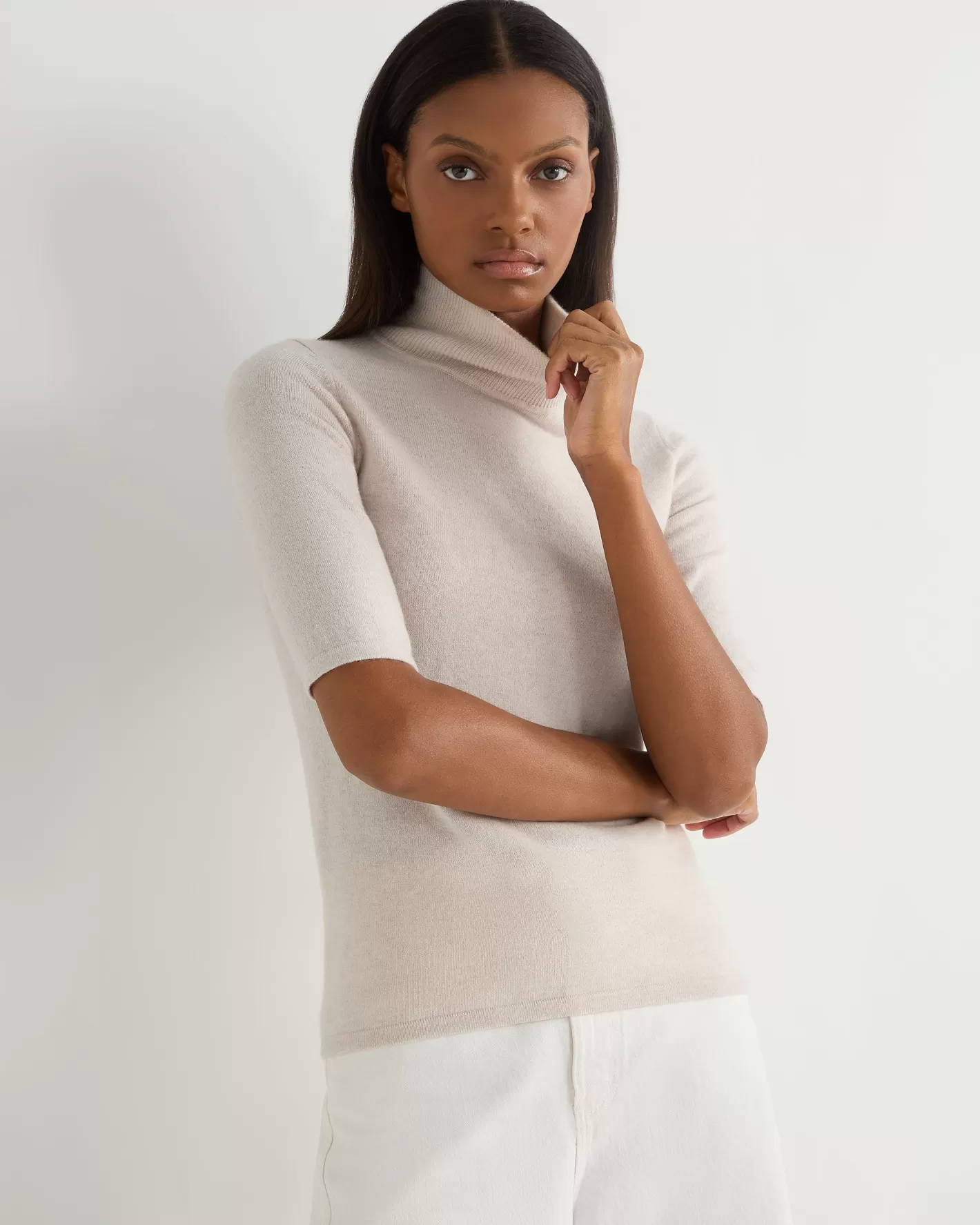 N.Peal Women's Mock Neck Cashmere T-Shirt*Women White | Natural