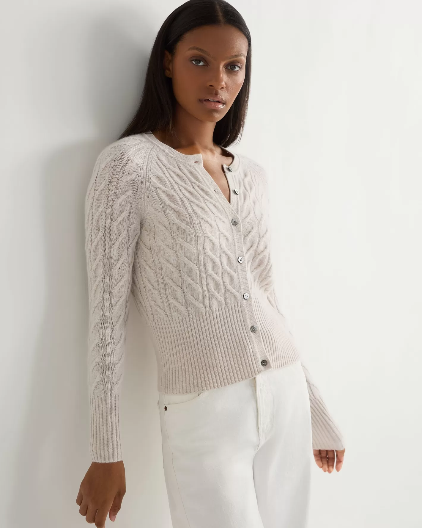 N.Peal Women's Myla Cable Cashmere Cardigan*Women White | Natural